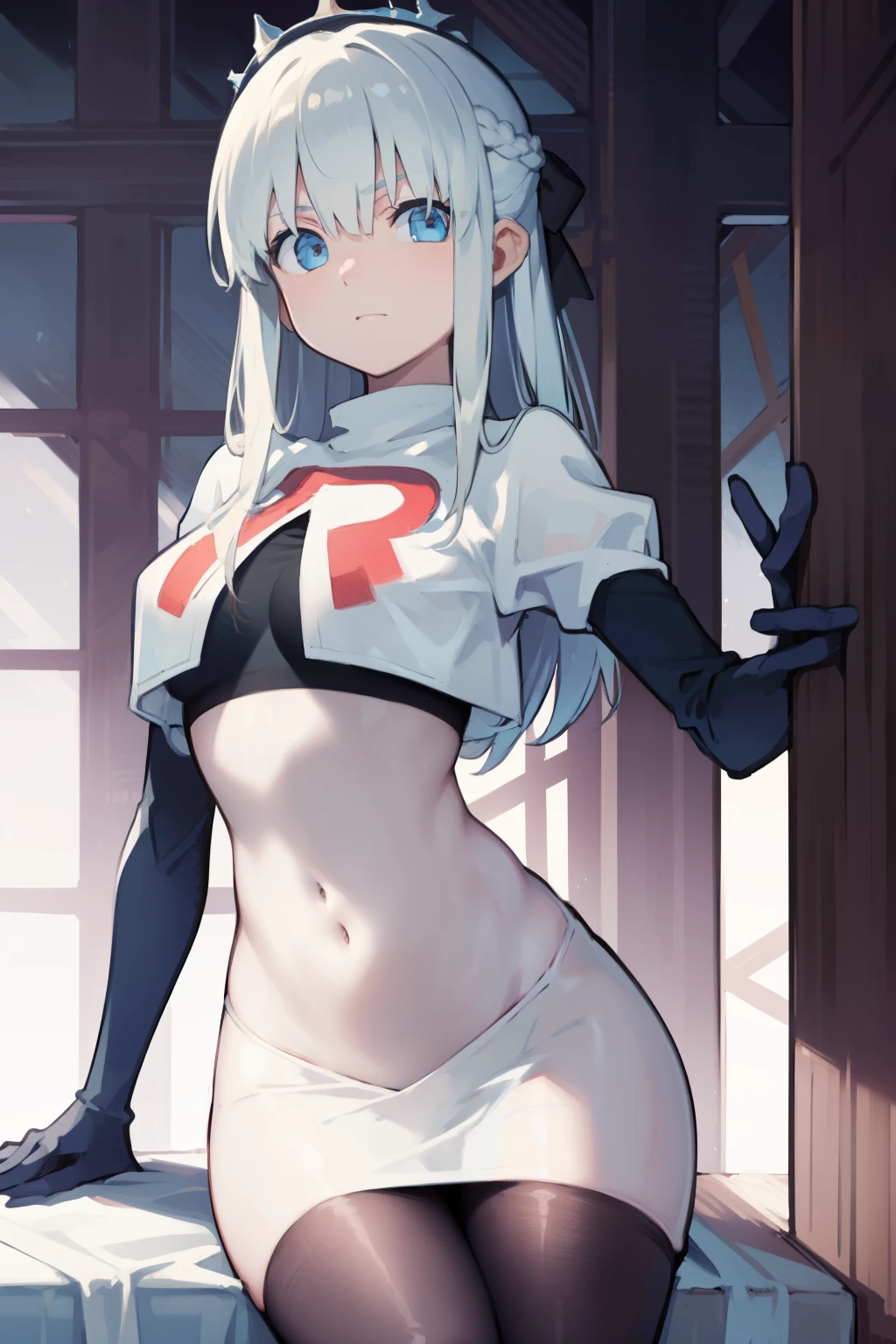 morganlefay, morgan le fay, black bow, bow, light blue hair, blue eyes, hair bow, hair ornament, long hair, ribbon,
BREAK braid, crown, navel, team rocket,team rocket uniform,white skirt,red letter R,crop top,black thigh-highs,black elbow gloves
BREAK looking at viewer,
BREAK (masterpiece:1.2), best quality, high resolution, unity 8k wallpaper, (illustration:0.8), (beautiful detailed eyes:1.6), extremely detailed face, perfect lighting, extremely detailed CG, (perfect hands, perfect anatomy),