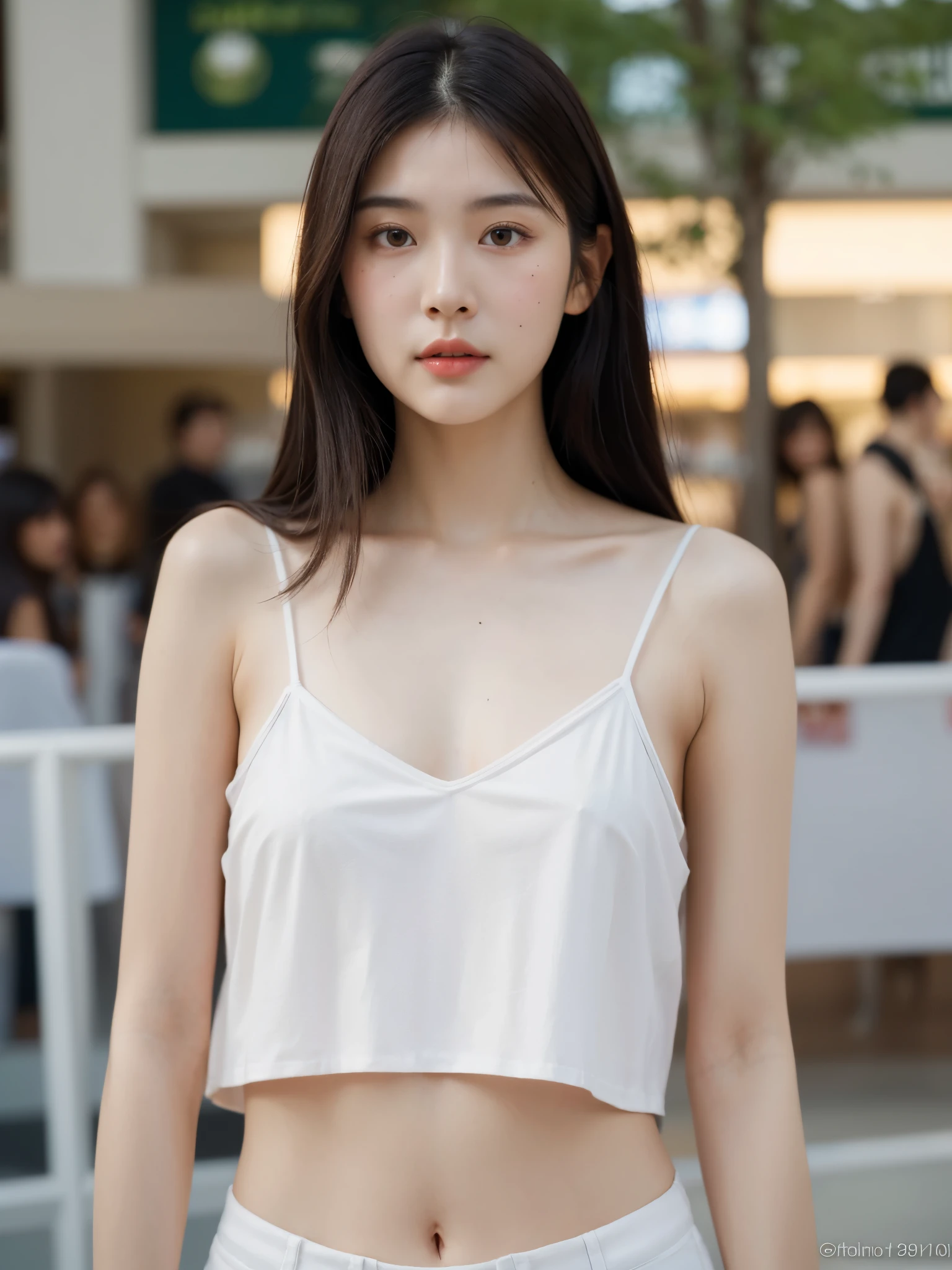 A superb exquisite real beautiful Korean girl, natural straight hair, extremely delicate, straight facial features, peerless beautiful girl, soft, dreamy quality, light white and dark brown, exaggerated facial features, solid color, frank holly, delicate face, bright lips slightly open, slender waist, soft curves, real light and shadow, super fine, 4k, natural moving, realistic, Ultra high resolution, ((at the shopping mall)), (various angle:1.4),(nsfw:1.4), (Topless camisole top:1.4), ((full body shot)), (slim body:1.4), (medium long hair)
