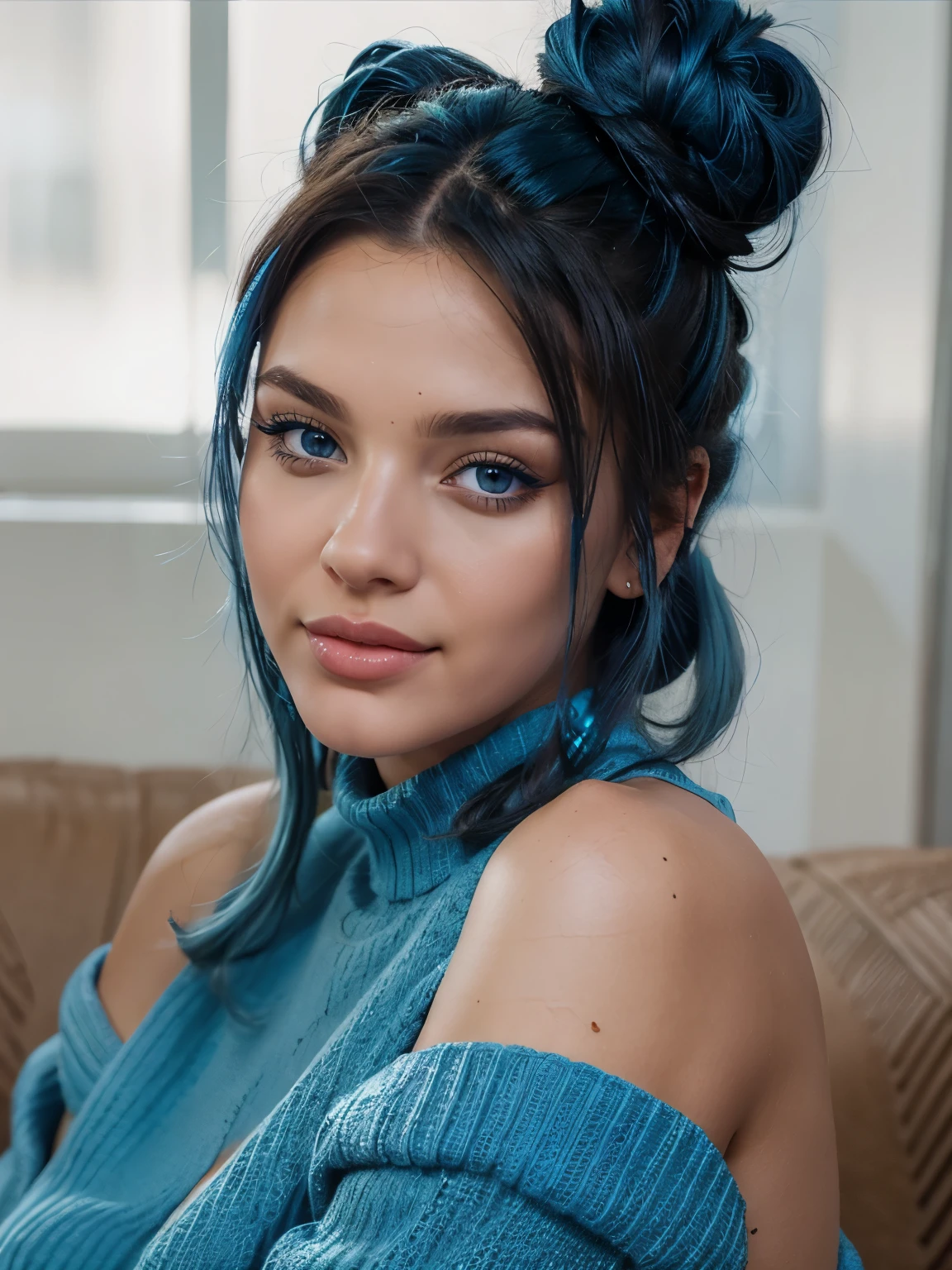 closeup portrait of a 25 years old girl, (super sexy face), brunette with ((2 buns dark and blue hair)), (crystal clear big blue eyes), (Doutzen Kroes:0.4), (Kate Moss:0.6), flirting with camera, off Shoulder, smile, colorful sweater, perfect big sexy lips, futuristic clothes