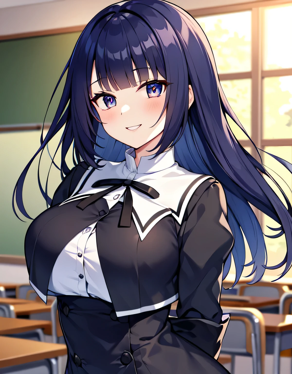 Yurigaoka Uniform,(big breasts:1.5),looking at the viewer,((masterpiece)),((highest quality)),perfect anatomy,8K UHD,highly detailed face,luster and luster,((1 girl)),((alone)),(beautiful and fine eyes:1.5),perfect image,(Upper body:1.1),(look ahead:1.1),Arms behind,slim waist,shiny hair,Are standing,super detailed,disorganized,dark blue hair,(dull bangs:1.1),red eyes,school uniform,classroom,smile,