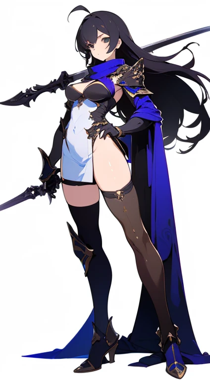 (((Best Quality))) , ((full body)), female, reference sheet, solo, ((white background)), holding sword, gauntlets, thigh high, side slit microskirt, fantasy clothe, loin clothe, (((standing)))