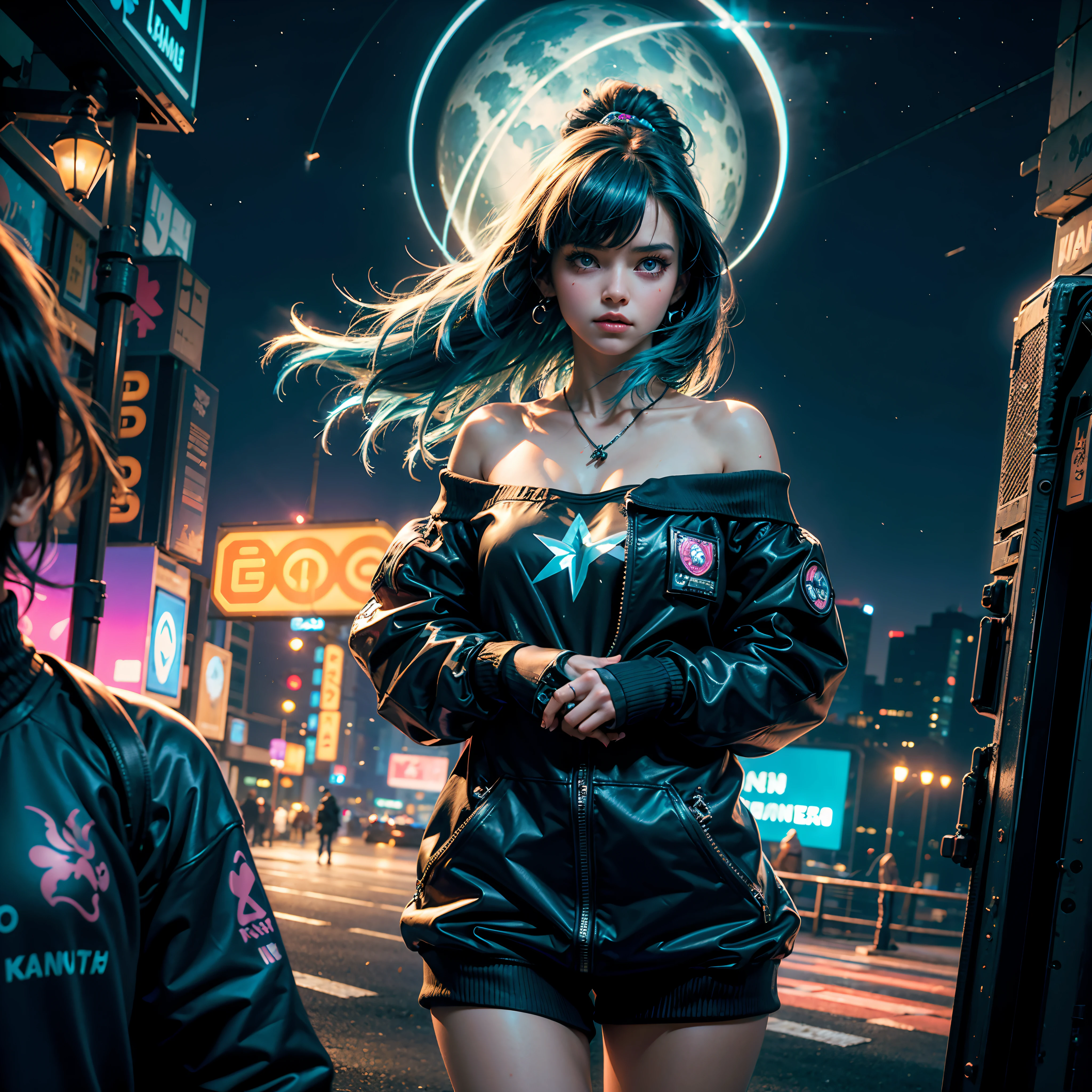 (masterpiece), best quality, ultra high res,, cyberpunk 1girl flying above stunning cityscape ,hoodie,blue hair,  neon color shooting stars, very long hair, off shoulder, feather hair ornament, neon colors, flashes, stunning night sky, cinematic lighting, photorealistic, realistic skin, HDR,fisheye