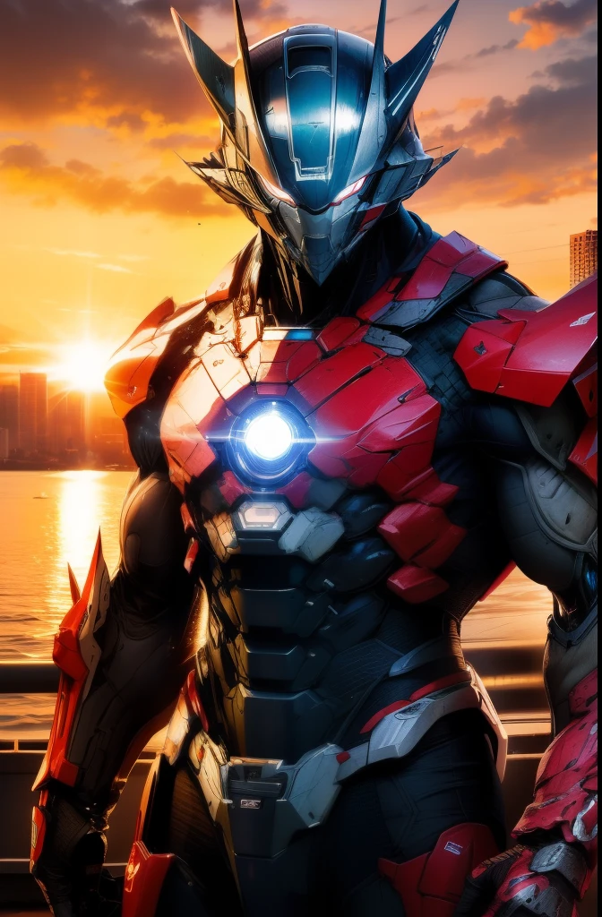 Masterpiece, top quality, high resolution, realistic, cowboy shot, 1 guy, ultraman, mecha ultraman, original design, silver, red, blue, transparent, (stance: 1.1), biomechanics, urban, sunset, dramatic lighting,