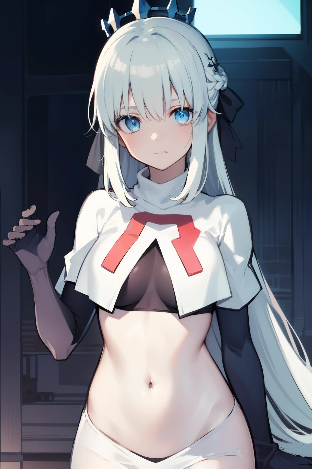 morganlefay, morgan le fay, black bow, bow, light blue hair, blue eyes, hair bow, hair ornament, long hair, ribbon,
BREAK braid, crown, navel, team rocket,team rocket uniform,white skirt,red letter R,crop top,black thigh-highs,black elbow gloves
BREAK looking at viewer,
BREAK (masterpiece:1.2), best quality, high resolution, unity 8k wallpaper, (illustration:0.8), (beautiful detailed eyes:1.6), extremely detailed face, perfect lighting, extremely detailed CG, (perfect hands, perfect anatomy),