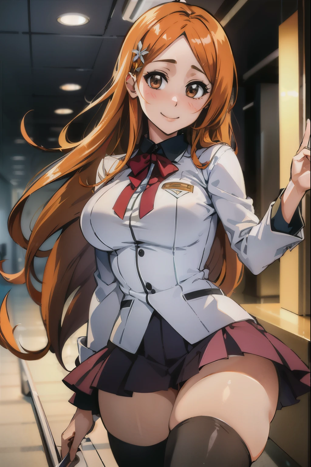 Orihime inoue, bleach, 1girl, solo, school dress,skirt, Halloween Grey,hair between eyes, long hair, hair ornament, looking at viewer, messy hair, orange hair, solo, thighhighs, thighs, long hair, ((masterpiece)), standing, sexy pose, blush, shy, smile, closes mouth,