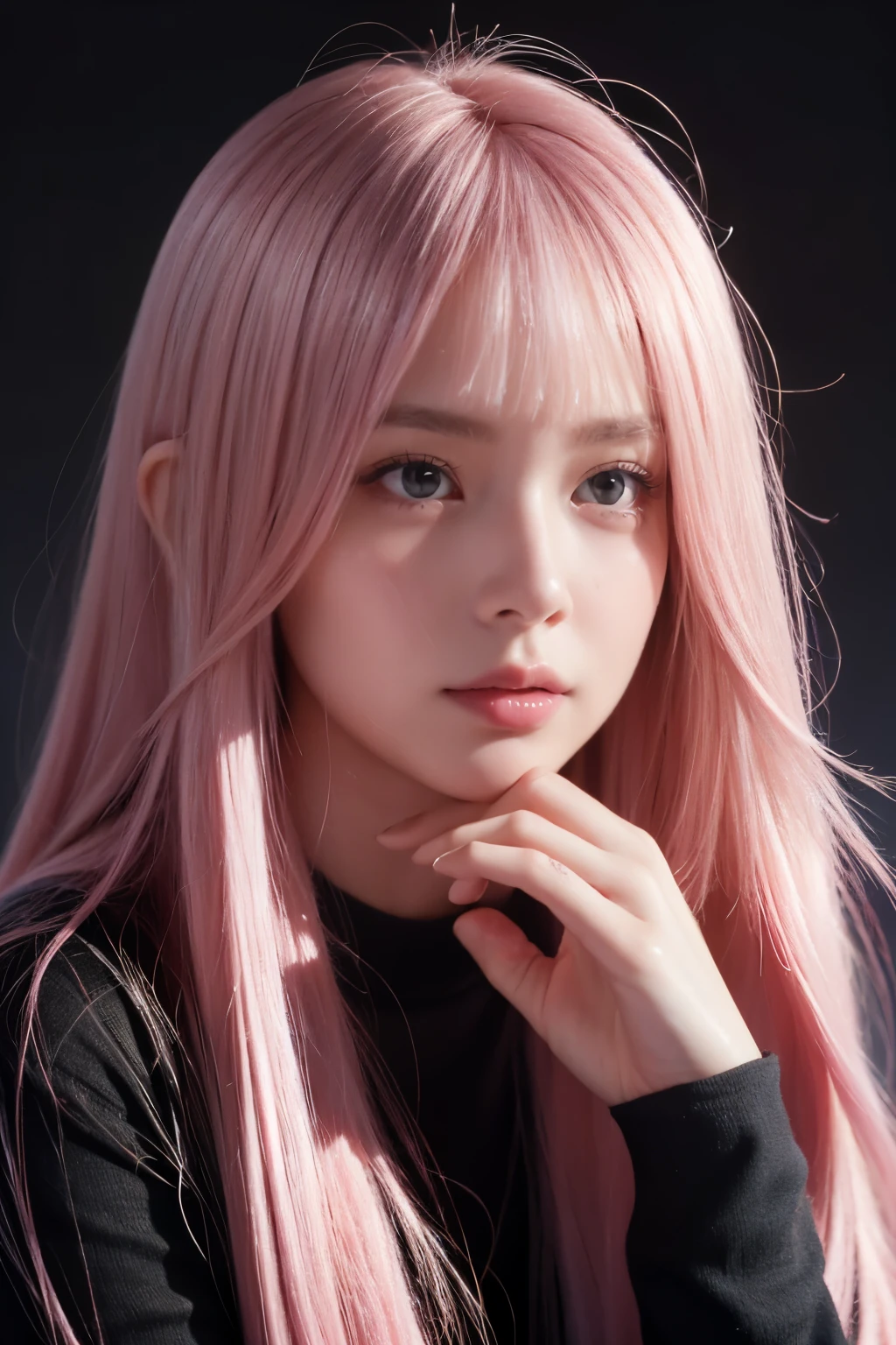 ((crying)), tears, embarrassed, blush):1.1), (look at camera), close up, potrait, masterpiece,   school, Best quality at best, high qulity, OLGA_mary, pink hair, long hair, hair between eye,Very long hair, black background, light rim