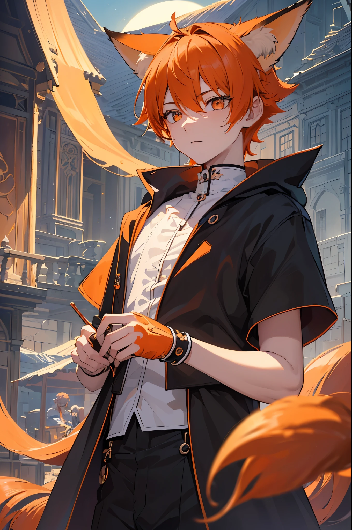 masterpiece, best quality, ((1boy)), (colorful), (finely detailed beautiful eyes and detailed face),cinematic lighting,body shot,extremely detailed CG unity 8k wallpaper, sky, cloudy_sky, building, moonlight, moon, night, (dark theme:1.3), light, fantasy, ((Pastel Orange Eyes)) (((Overcloak))) (((Orange Hair))) ((Mischievous)) ((Short Hair)) ((Charismatic)) ((Hunter x Hunter)) ((Fox Ears)) ((Fox Tail))
