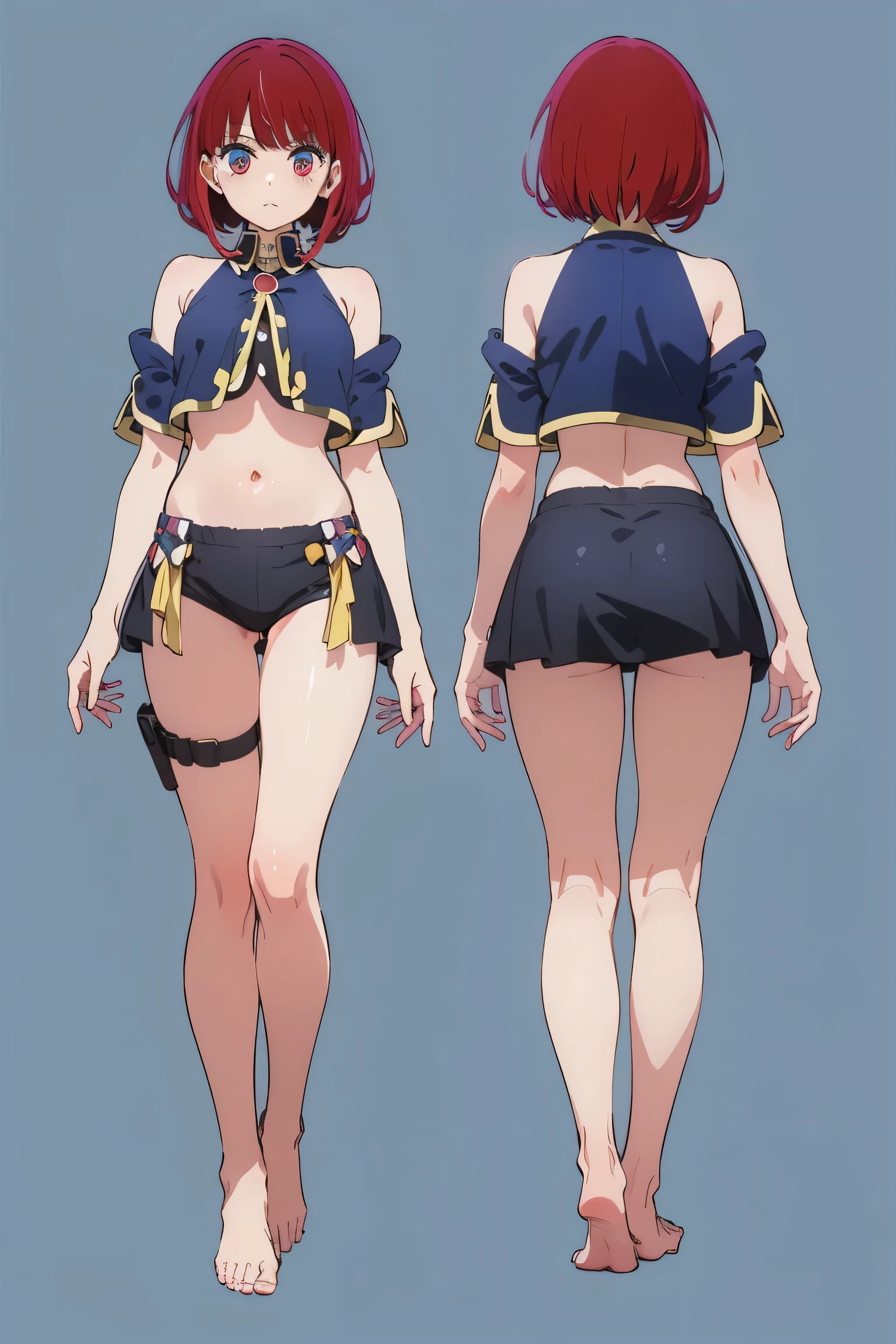 aakana, aakana, short hair,red eyes,
BREAK (navel, bare shoulders,barefoot,midriff:1.2),
BREAK (trpical garden:1.2)
BREAK (multiple views:1.5),from behind,from_front,(blue background:1.3),(full body:1.4),arms at sides
BREAK (masterpiece:1.2), best quality, high resolution,NSW ,unity 8k wallpaper, (illustration:0.8), (beautiful detailed eyes:1.6), extremely detailed face, perfect lighting, extremely detailed CG, (perfect hands, perfect anatomy),