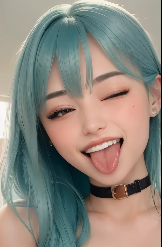 wink, one eye closed, playful smile, tongue out,, masterpiece, best quality, absurdres, highres, 4k, ray tracing, intricate details, highly detailed, (1girl:perfect face, small breasts, long cyan hair, bangs) skin tone, artistic photorealistic drawing of 5, medium shot, bedroom