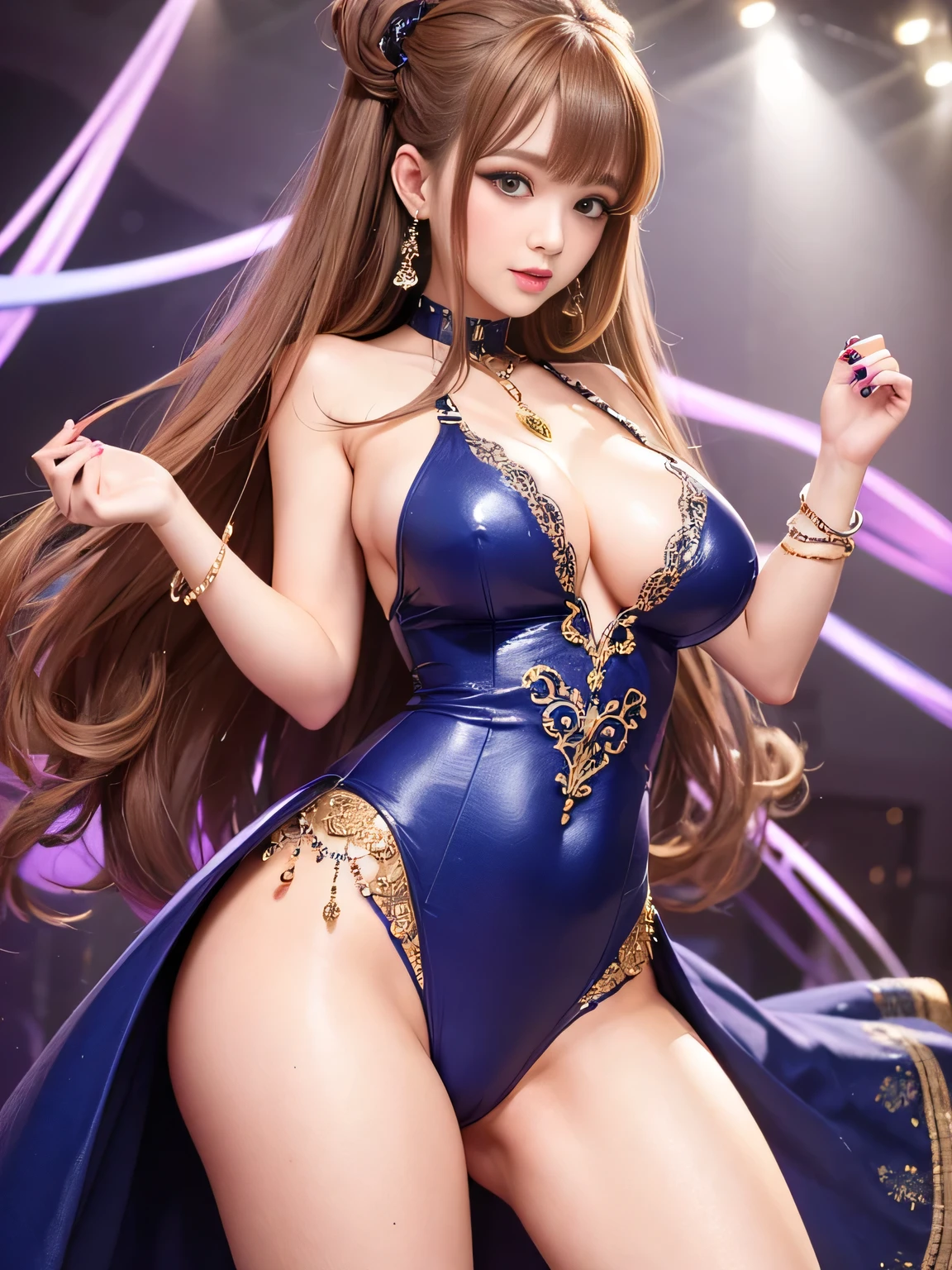 ultra high resolution、super high quality、8K、Detailed details、marvelous expression、1 female、tall slender woman、long brown curly hair、Purple see-through dress with luxurious hair ornaments、Luxury hotel dance background、