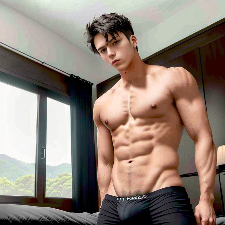 obra de arte, 4k, Ikemen, Badass Ikemen, Symmetrical, centrado, de frente para o espectador, black underwear clothes lying on bed bulge