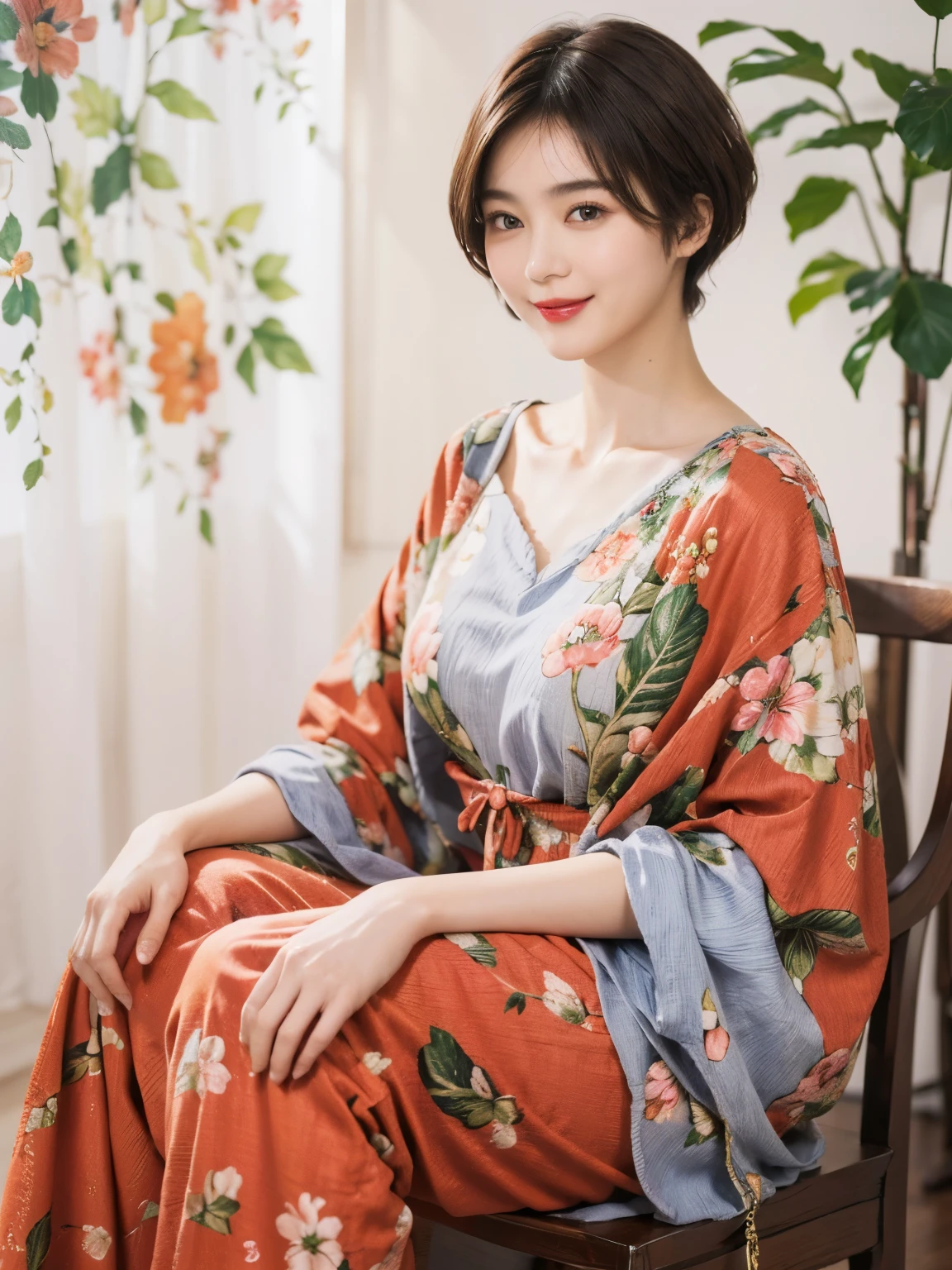 149
(20 year old woman,floral print outfit,pants), (Super realistic), (high resolution), ((beautiful hairstyle 46)), ((short hair:1.46)), (gentle smile), (brest:1.1), (lipstick)
