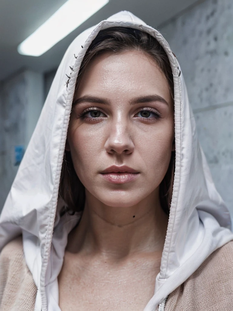 closeup portrait photo of beautiful 26 y.o woman, makeup, 8k uhd, high quality, dramatic, cinematic, Iraqi facial features, lined brown eyes with thick eyelids, pale skin , looking into the camera, hooded nose, long straight hair, Botox lips