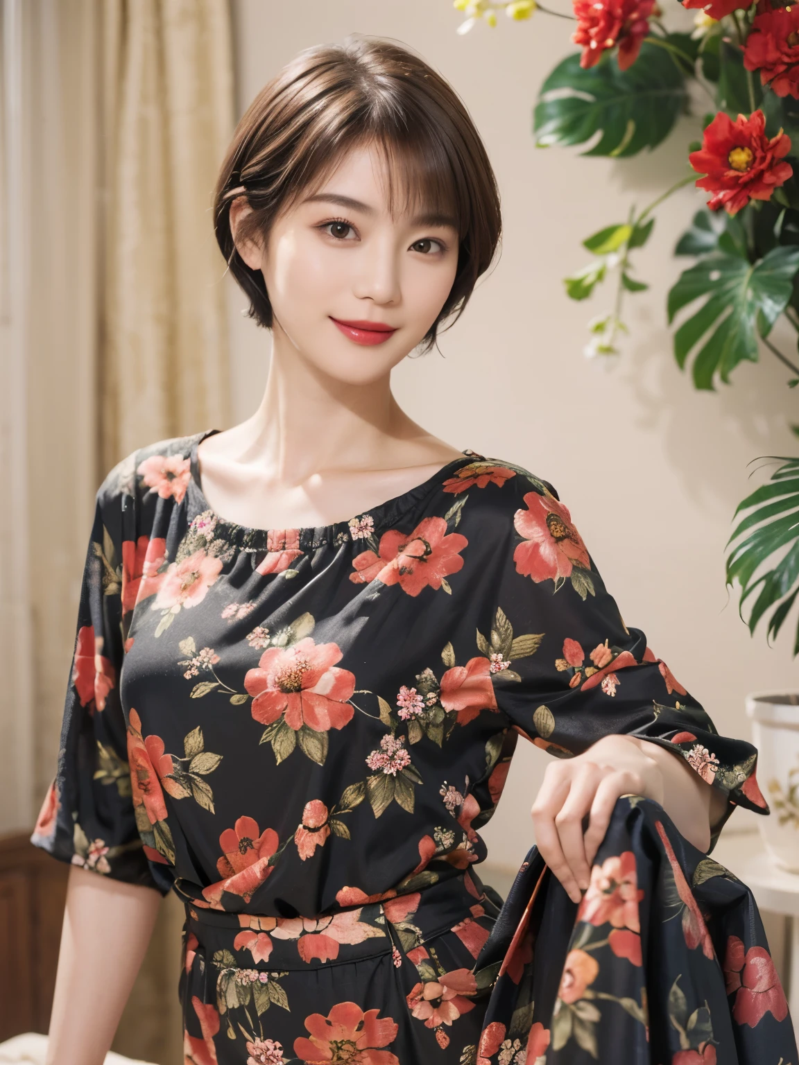 149
(20 year old woman,floral print outfit,pants), (Super realistic), (high resolution), ((beautiful hairstyle 46)), ((short hair:1.46)), (gentle smile), (brest:1.1), (lipstick)
