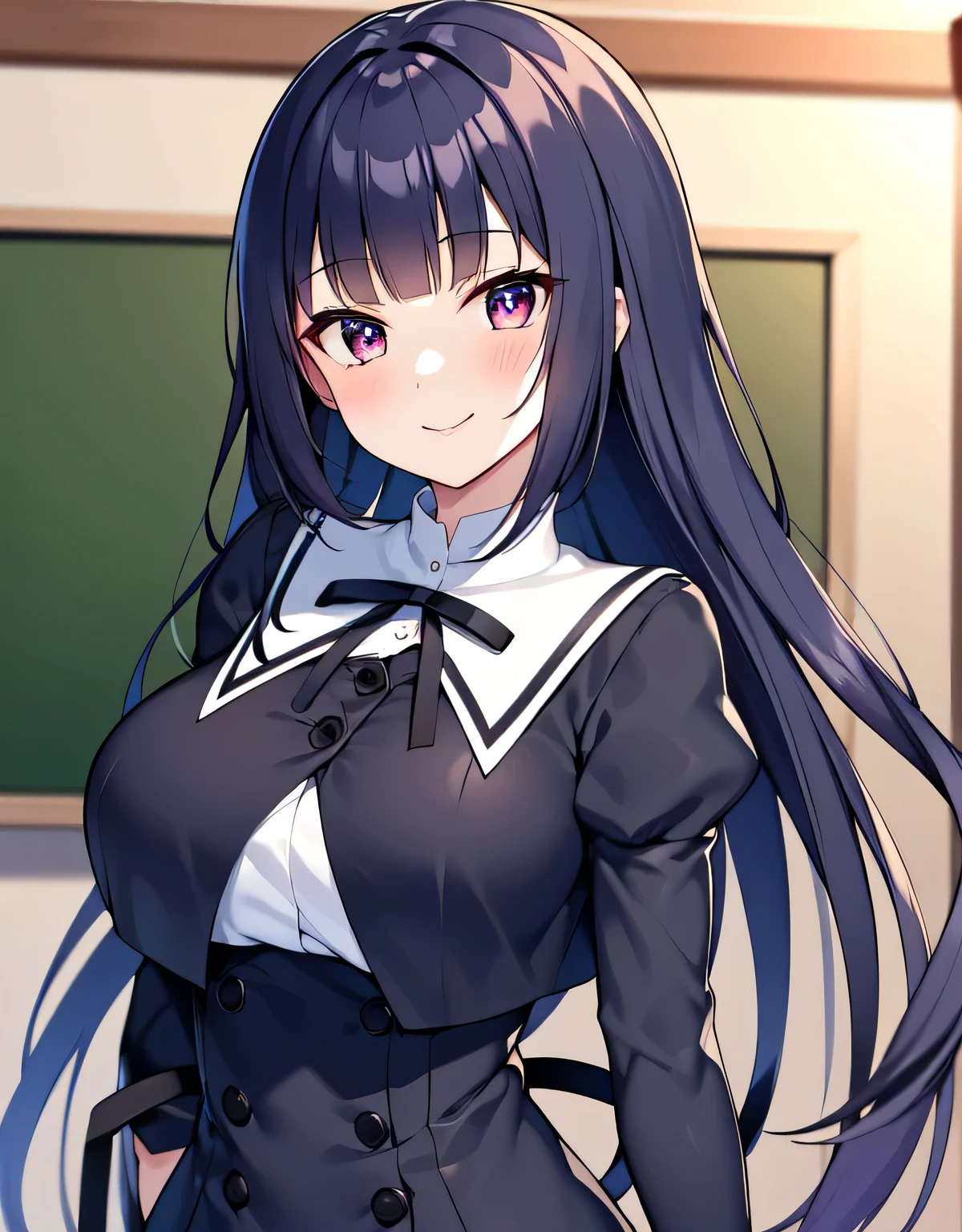 Yurigaoka Uniform,(big breasts:1.5),looking at the viewer,((masterpiece)),((highest quality)),perfect anatomy,8K UHD,highly detailed face,luster and luster,((1 girl)),((alone)),(beautiful and fine eyes:1.5),perfect image,(Upper body:1.1),(look ahead:1.1),Arms behind,slim waist,shiny hair,Are standing,super detailed,disorganized,dark blue hair,(dull bangs:1.1),red eyes,school uniform,classroom,smile,