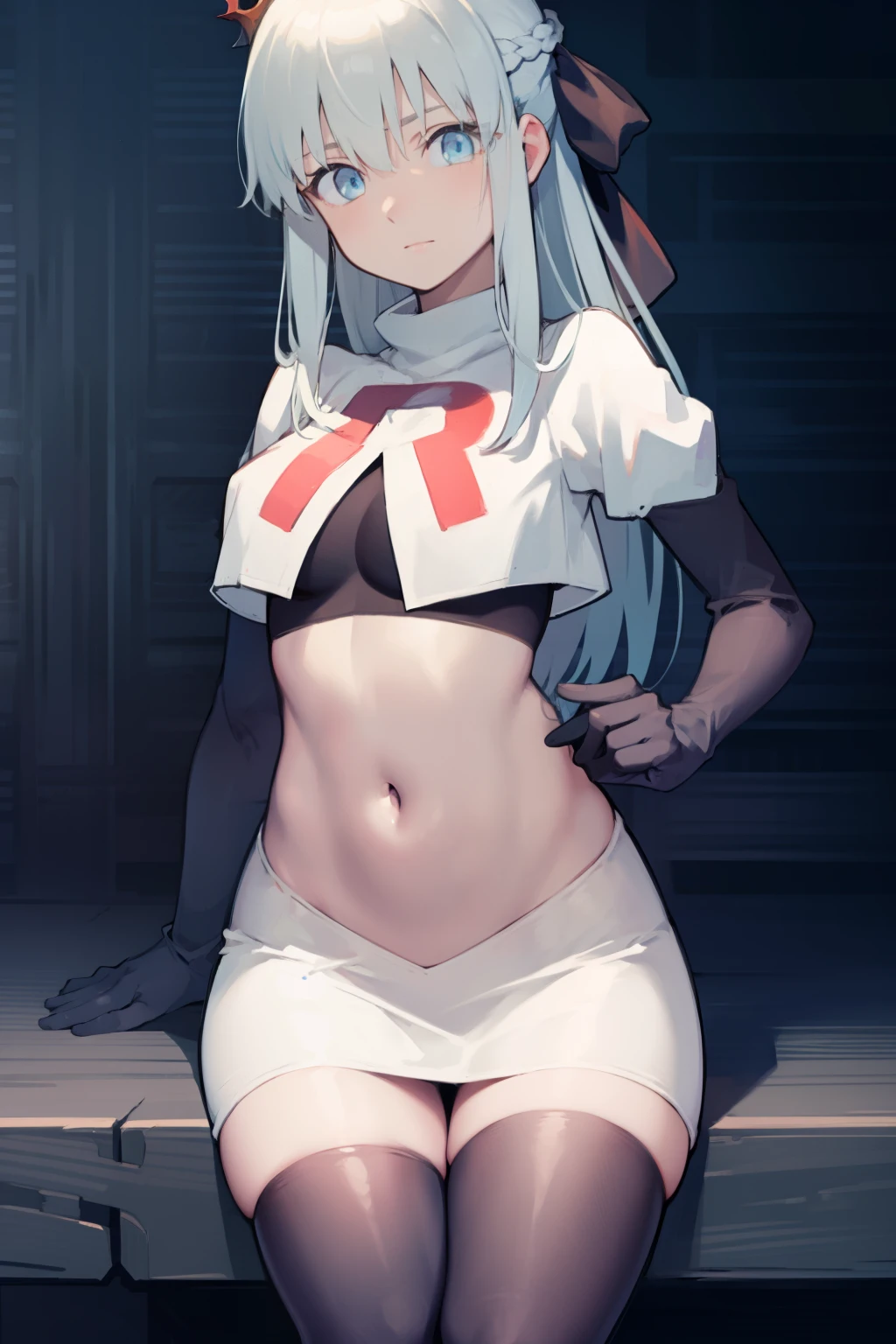 morganlefay, morgan le fay, black bow, bow, light blue hair, blue eyes, hair bow, hair ornament, long hair, ribbon,
BREAK braid, crown, navel, team rocket,team rocket uniform,white skirt,red letter R,crop top,black thigh-highs,black elbow gloves
BREAK looking at viewer,
BREAK (masterpiece:1.2), best quality, high resolution, unity 8k wallpaper, (illustration:0.8), (beautiful detailed eyes:1.6), extremely detailed face, perfect lighting, extremely detailed CG, (perfect hands, perfect anatomy),