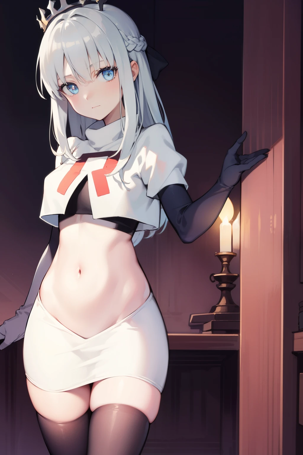 morganlefay, morgan le fay, black bow, bow, light blue hair, blue eyes, hair bow, hair ornament, long hair, ribbon,
BREAK braid, crown, navel, team rocket,team rocket uniform,white skirt,red letter R,crop top,black thigh-highs,black elbow gloves
BREAK looking at viewer, 
BREAK (masterpiece:1.2), best quality, high resolution, unity 8k wallpaper, (illustration:0.8), (beautiful detailed eyes:1.6), extremely detailed face, perfect lighting, extremely detailed CG, (perfect hands, perfect anatomy),