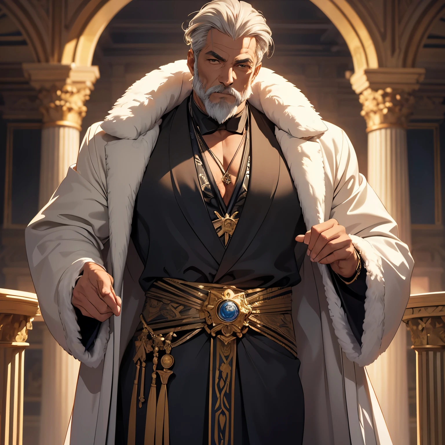 Anime old king, um rei poderoso, alpha male, bodybuilder, very muscular, 60 years old, lorde imponente, wearing a open black royal robe, open robe, very large pectorals, muscular chest, olhando para o espectador, pose sexy, facial expression of attraction, olhos de cor azuis, grey short hair, sexy grey beard, Obra-prima maravilhosa altamente detalhada, beautiful cinematic light deep focus, elegante, pintura digital, liso, sharp focus, golden ratio, dramatic lighting, 8k, pixiv, bara