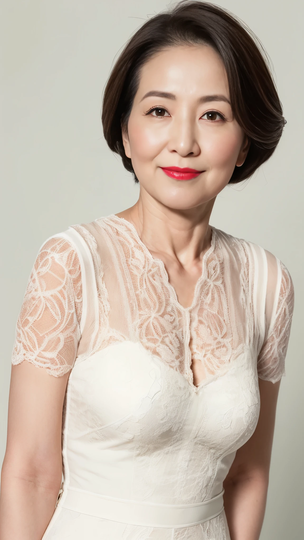 Remove the background, gravure, describe the lips correctly, red lipstick, from the chest up, Upright posture, highest quality, super detailed, realistic, super dense skin, perfect anatomy, (1 Japanese mature woman), (alone), 90 years old, big breasts, Mature Woman Politician, Glamour, Sexy, pure white skin, looking at the viewer,