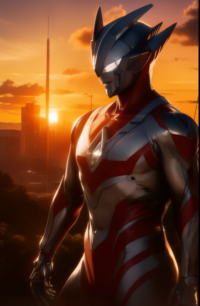 Masterpiece, top quality, high resolution, realistic, cowboy shot, 1 guy, ultraman, mecha ultraman, original design, silver, red, blue, transparent, (stance: 1.1), biomechanics, urban, sunset, dramatic lighting,