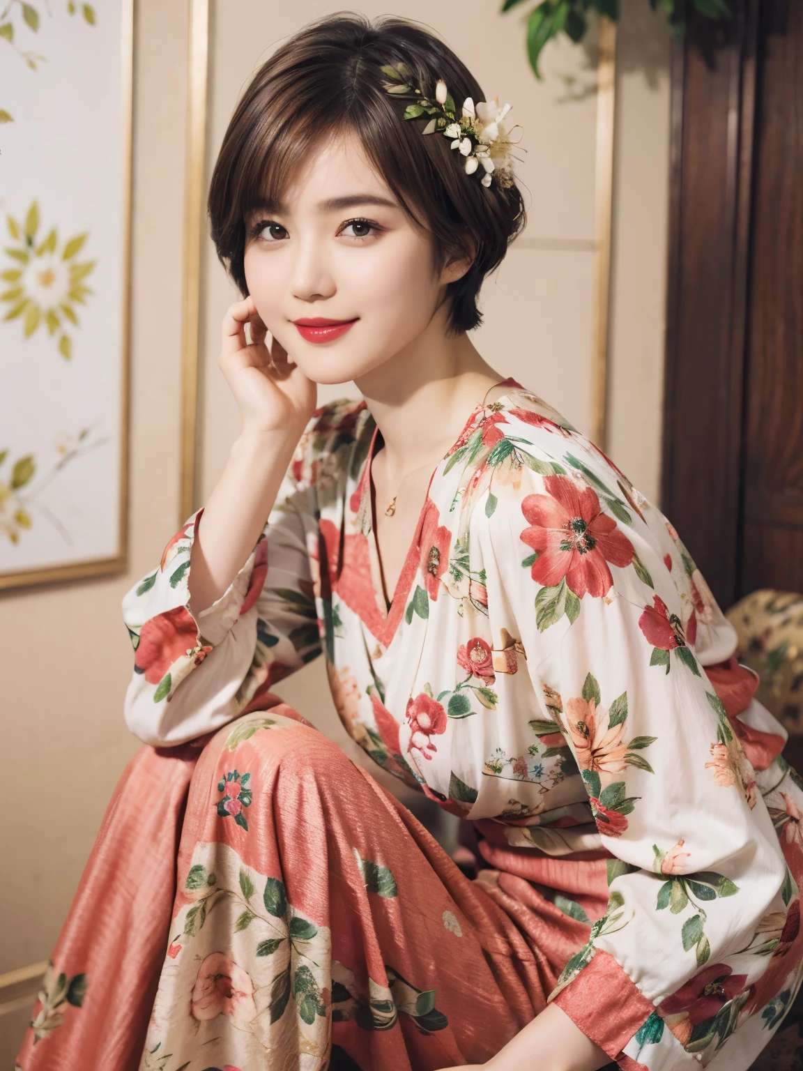 149
(20 year old woman,floral print outfit,pants), (Super realistic), (high resolution), ((beautiful hairstyle 46)), ((short hair:1.46)), (gentle smile), (brest:1.1), (lipstick)
