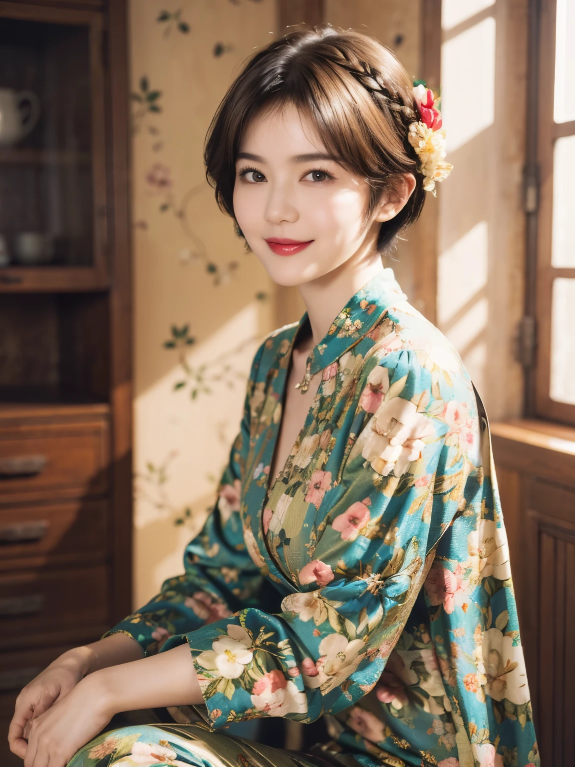 149
(20 year old woman,floral print outfit,pants), (Super realistic), (high resolution), ((beautiful hairstyle 46)), ((short hair:1.46)), (gentle smile), (brest:1.1), (lipstick)
