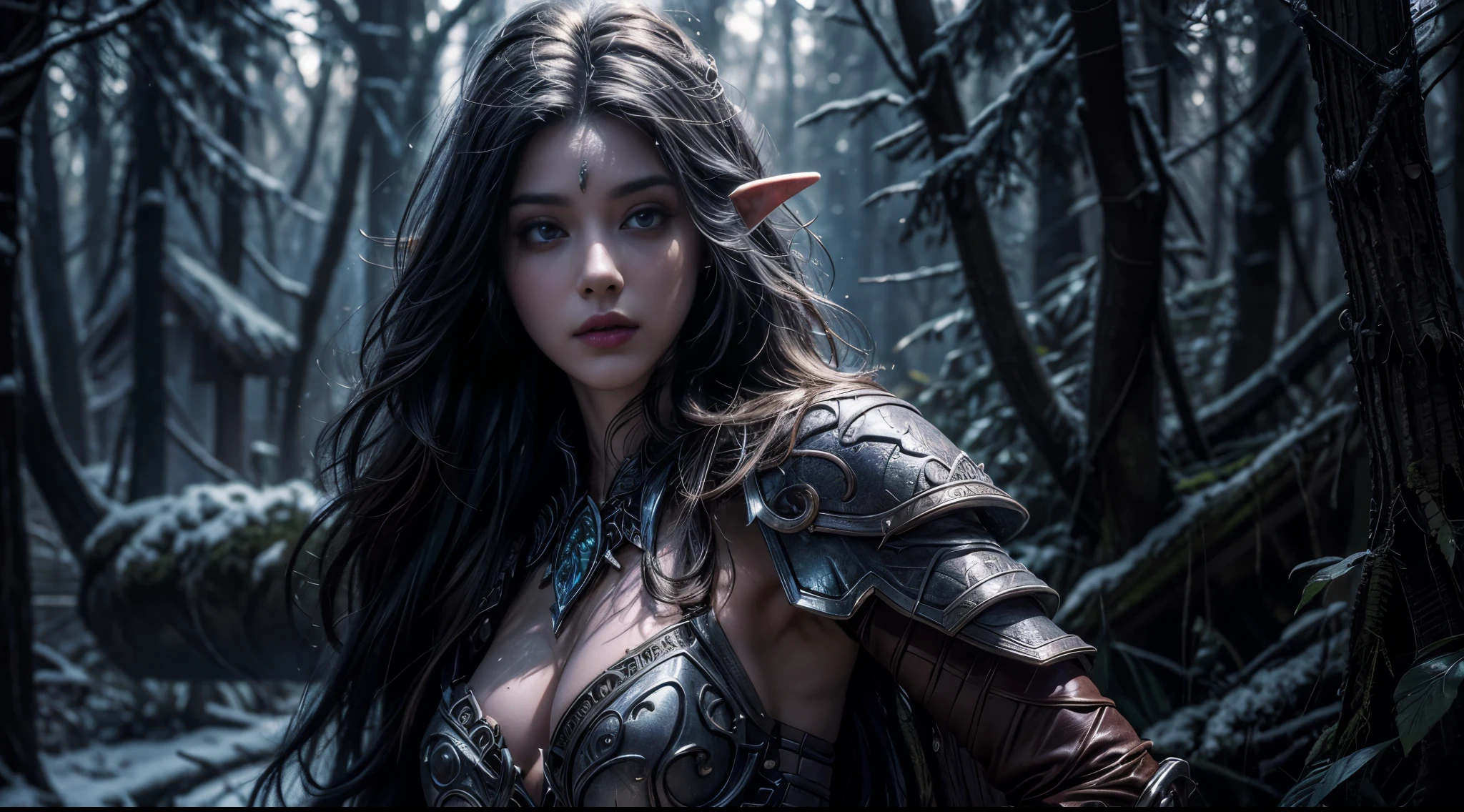 original photo, (best quality:1.3), high resolution, (masterpiece), (lifelike:1.4), Professional photography, sharp focus, high dynamic range, 8K resolution, intricate details, Exquisite details, depth of field, Extremely detailed CG unified 8k wallpaper, masterpiece,poster,best quality,official art,(Beauty and aesthetics:1.2),(masterpiece:1.3),World of Warcraft Night Elves,woman,individual,Lightweight leather armor,Complex patterns,winter,forest,medium distance photography,(midnight),dramatic,hiding in trees