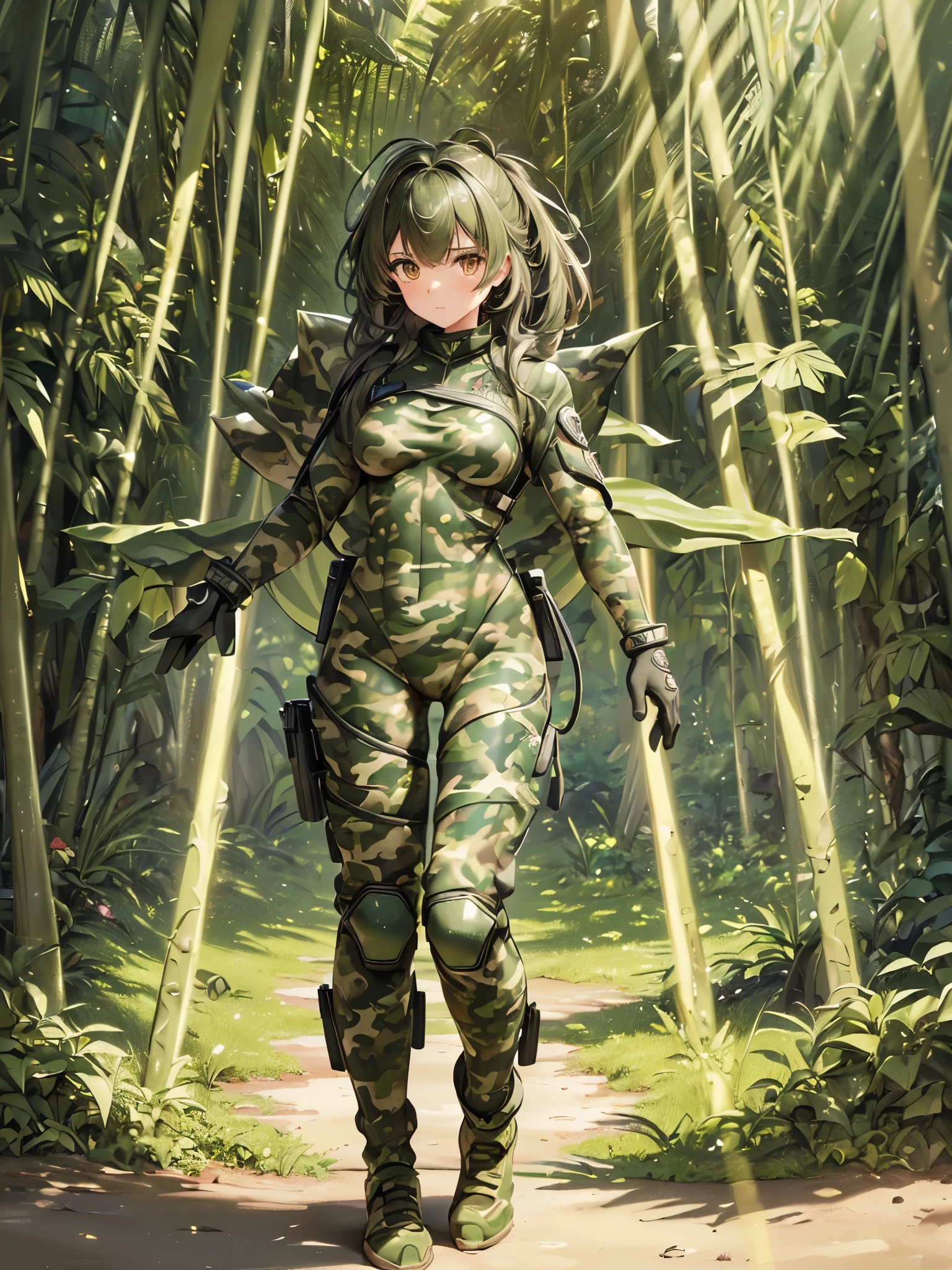 ((highest quality)),(ultra high resolution),(Super detailed),(detailed description),((best CG)),(best work of art),super precision art,great drawing art,(Art with precise details:1.5), (one female commando:1.5),beautiful and well-shaped face:1.5,(camouflage combat suit:1.4),(protector:1.6), In combat:1.6,dynamic pose:1.6,(jungle:1.6)