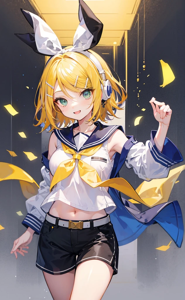 top-quality、super precision、Onegirl、(kagamine_Rin)、Green eyes、Cute  s、Shorthair、White hair ribbon、hair clips、headphones、a blond、a sailor suit、Black shorts、a belt、Yellow neckerchief、Sleeveless、ssmile、High school students、Older sister、white backgrounid big breast