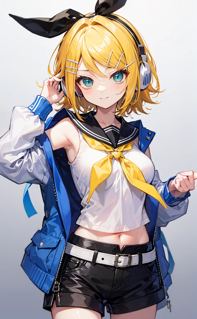 top-quality、super precision、Onegirl、(kagamine_Rin)、Green eyes、Cute s、Shorthair、White hair ribbon、hair clips、headphones、a blond、a sailor suit、Black shorts、a belt、Yellow neckerchief、Sleeveless、ssmile、High school 、Older sister、white backgrounid big breast