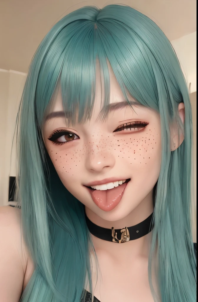 wink, one eye closed, playful smile, tongue out,, masterpiece, best quality, absurdres, highres, 4k, ray tracing, intricate details, highly detailed, (1girl:perfect face, small breasts, long cyan hair, bangs) skin tone, artistic photorealistic drawing of 5, medium shot, bedroom, freckles, 