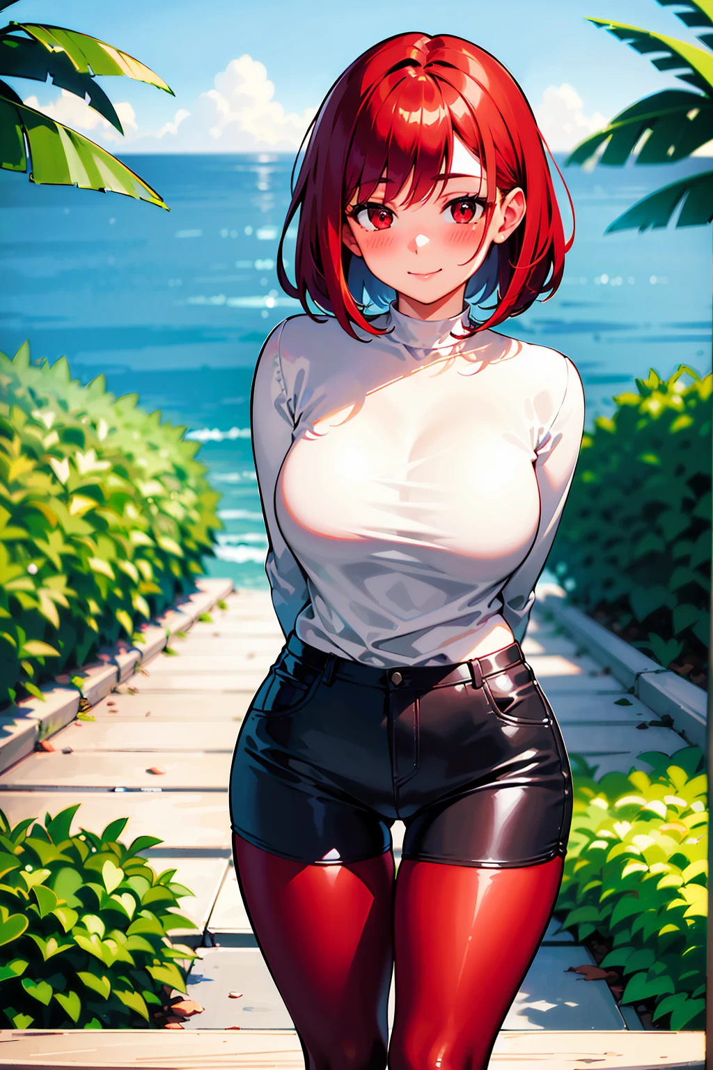 Masterpiece, stunning realistic, best quality, Sharpness, 1 girl, big ,red hair,straight hair,bobcut,red eyes,standing in a beatiful garden with an sea,big ,blush in face,red face, cute smile,closed mouth,arms behind back,very tight longsleeve,micro leggins shorts