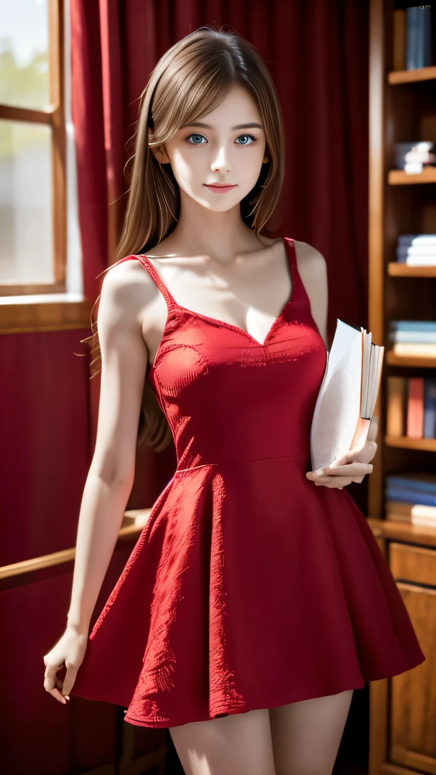 18 year old girl, blue eyes, 4k HDR image, cinematic, realistic, full body, wearing red dress, holding a book while looking at the camera 