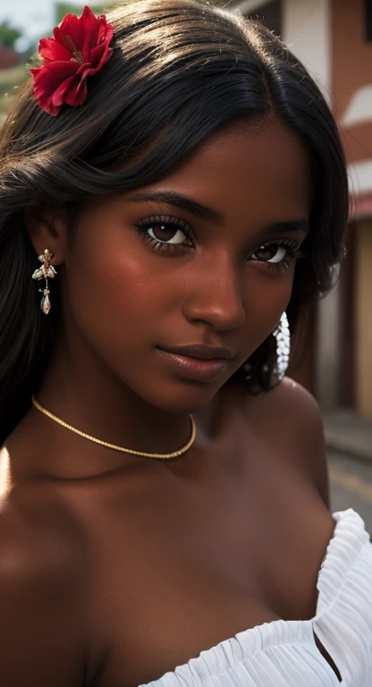 dark brown skin, pretty face, straight hair, natural, long hair, ((crystal brown eyes: 1.2)), detailed eyes, beautiful eyes, ((art, Ultra HD, 8k)), depth of field, street in bahia brazil , necklines, focus on the eyes, protruding breasts, specific skin, skin texture, sexy shoulders, golden tan, highly specific skin, long eyelashes, black mascara, perfect face ultra quality, best quality, high definition, beautiful woman, perfect, workmanship art, HD, perfect face, perfect woman, work of art, delicate, dark skin, mulatto, fine feminine features, beautiful thin nose, perfect, delicate mouth, dark eyes, beautiful detailed and realistic face, black hair, extremely beautiful Brazilian , with a red flower in her hair, dark skin, long straight hair blowing in the wind, with a red flower in her hair, a short and simple white dress that is a little transparent, standing on a street in Bahia, inspired by the drama (Gabriela cravo e canela) , northeastern Brazil, 1920s street, 1920s, in Bahia, Brazil, beautiful Brazilian mulatta, 1920s, Bahia