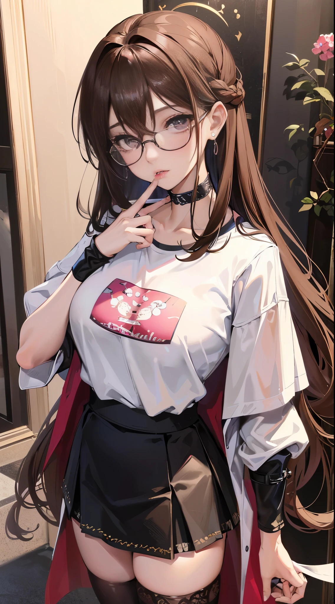 Beautiful italian woman, ((best quality)), ((masterpiece)), ( extreme detailed, highest detailed, official art, beautiful and aesthetic:1.2), oversize t-shirt, ((((skirt)))), choker, big breast, medium body potrait, thighhighs socks, boots, absurdly long hair, hair between eyes, brown hair, pink eyes, (((glasses))),