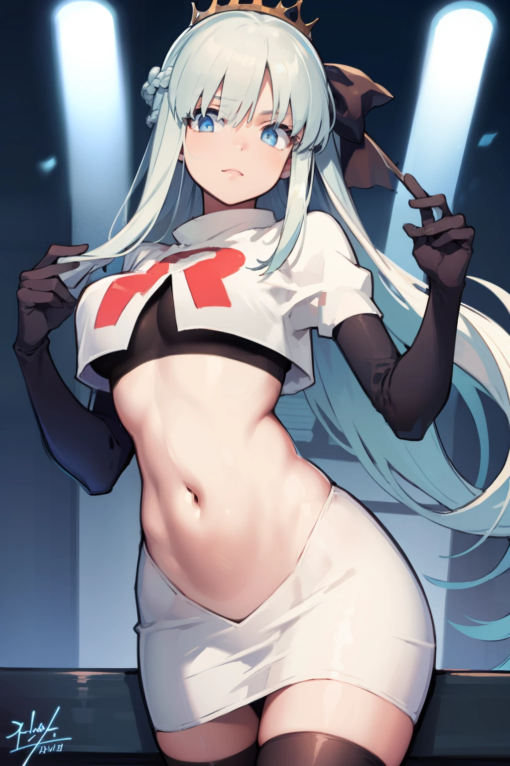 morganlefay, morgan le fay, black bow, bow, light blue hair, blue eyes, hair bow, hair ornament, long hair, ribbon,
BREAK braid, crown, navel, team rocket,team rocket uniform,white skirt,red letter R,crop top,black thigh-highs,black elbow gloves
BREAK looking at viewer, 
BREAK (masterpiece:1.2), best quality, high resolution, unity 8k wallpaper, (illustration:0.8), (beautiful detailed eyes:1.6), extremely detailed face, perfect lighting, extremely detailed CG, (perfect hands, perfect anatomy),