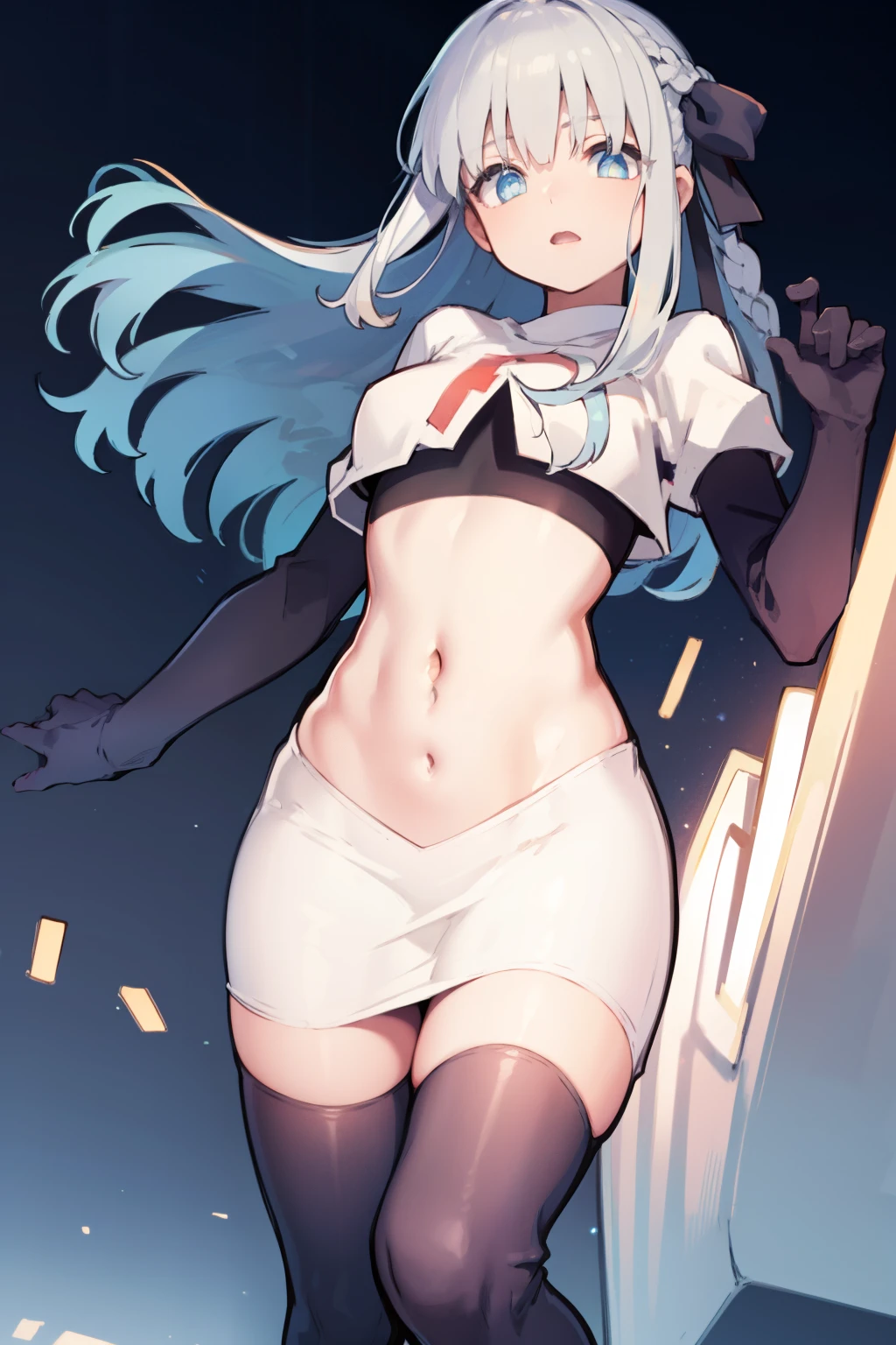 morganlefay, morgan le fay, black bow, bow, light blue hair, blue eyes, hair bow, hair ornament, long hair, ribbon,
BREAK braid, crown, navel, team rocket,team rocket uniform,white skirt,red letter R,crop top,black thigh-highs,black elbow gloves
BREAK looking at viewer, 
BREAK (masterpiece:1.2), best quality, high resolution, unity 8k wallpaper, (illustration:0.8), (beautiful detailed eyes:1.6), extremely detailed face, perfect lighting, extremely detailed CG, (perfect hands, perfect anatomy),