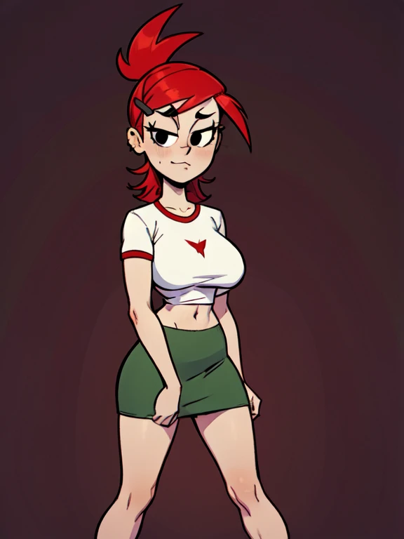 FostersStyle, red hair, green skirt, too short miniskirt,slutty outfit, seductive, abstract background, looking at viewer, slutty , , slutty pose, lewd, seductive expression, white shirt, standing, black eyes, sfw, big tits, looking at viewer, midriff