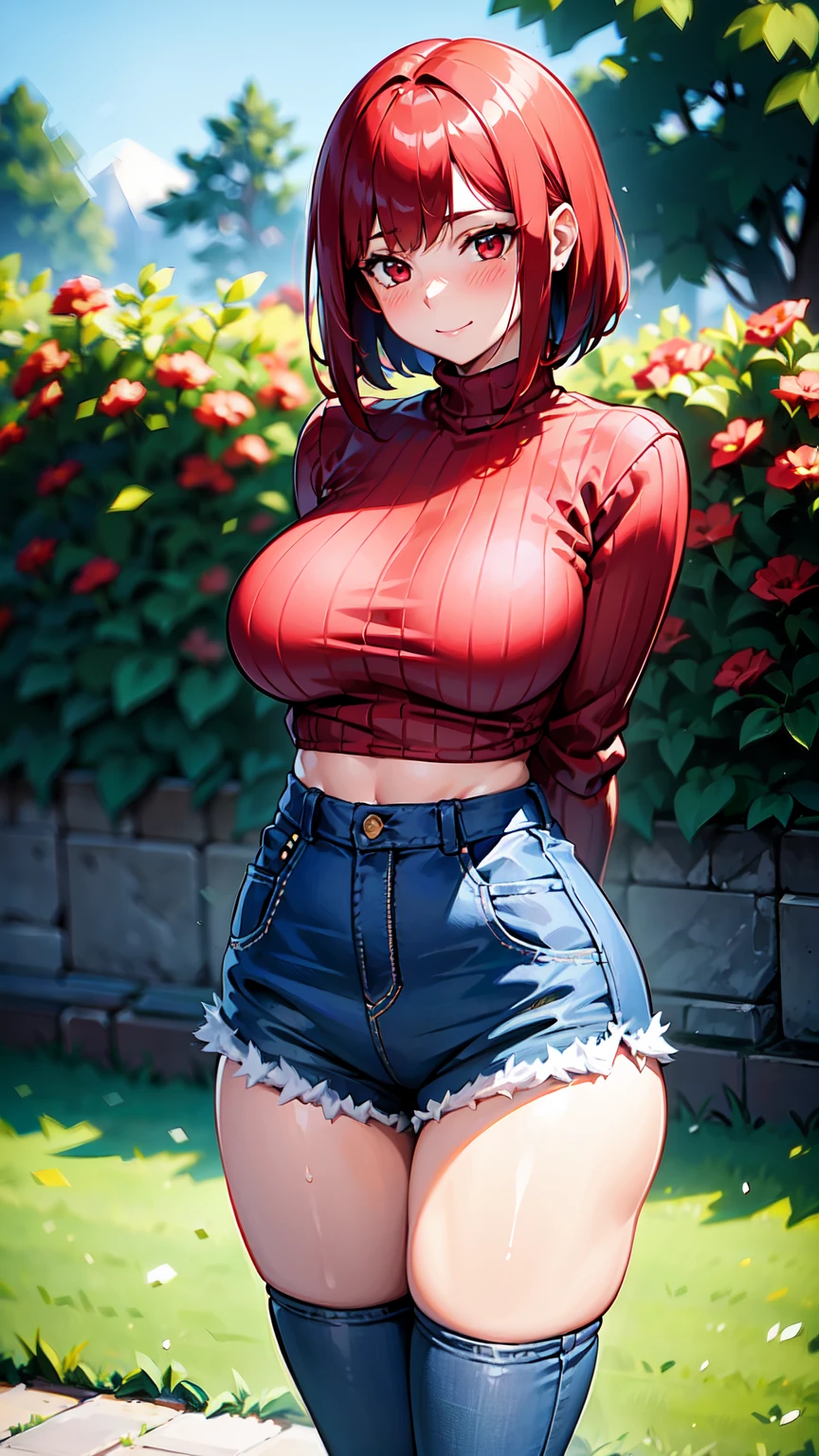 Masterpiece, stunning realistic, best quality, Sharpness, 1 girl, big ,red hair,straight hair,bobcut,red eyes,standing in a beatiful garden with an sea,big ,blush in face,red face, cute smile,closed mouth,arms behind back,oversized sweater,micro ripped denim shorts