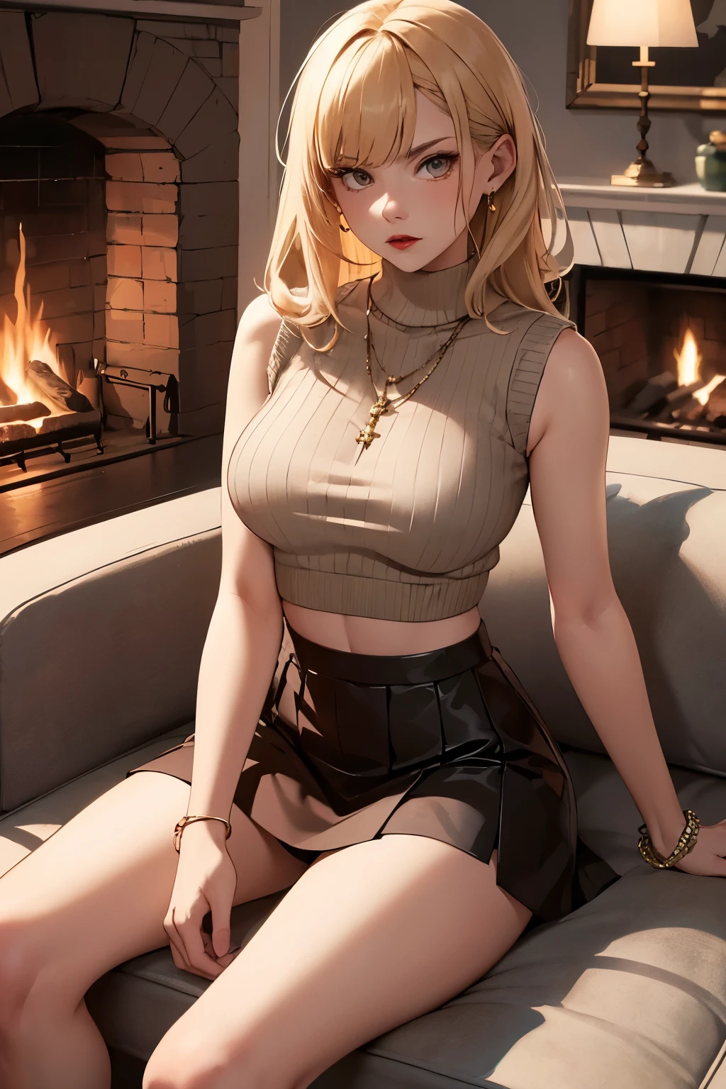 ((best quality)), ((masterpiece)), (detailed), Ridiculous resolution, high resolution, (masterpiece:1.4), Hyper-detailing, a woman. she is . Blonde hair. She has bangs in her hair. red lips. (Ultra detailed brown eyes)). she is lying on a sofa by the fireplace. She is wearing a sleeveless cropped woolen sweater. She is wearing a woolen, ribbed mini skirt. necklace. full body shot. she is angry.