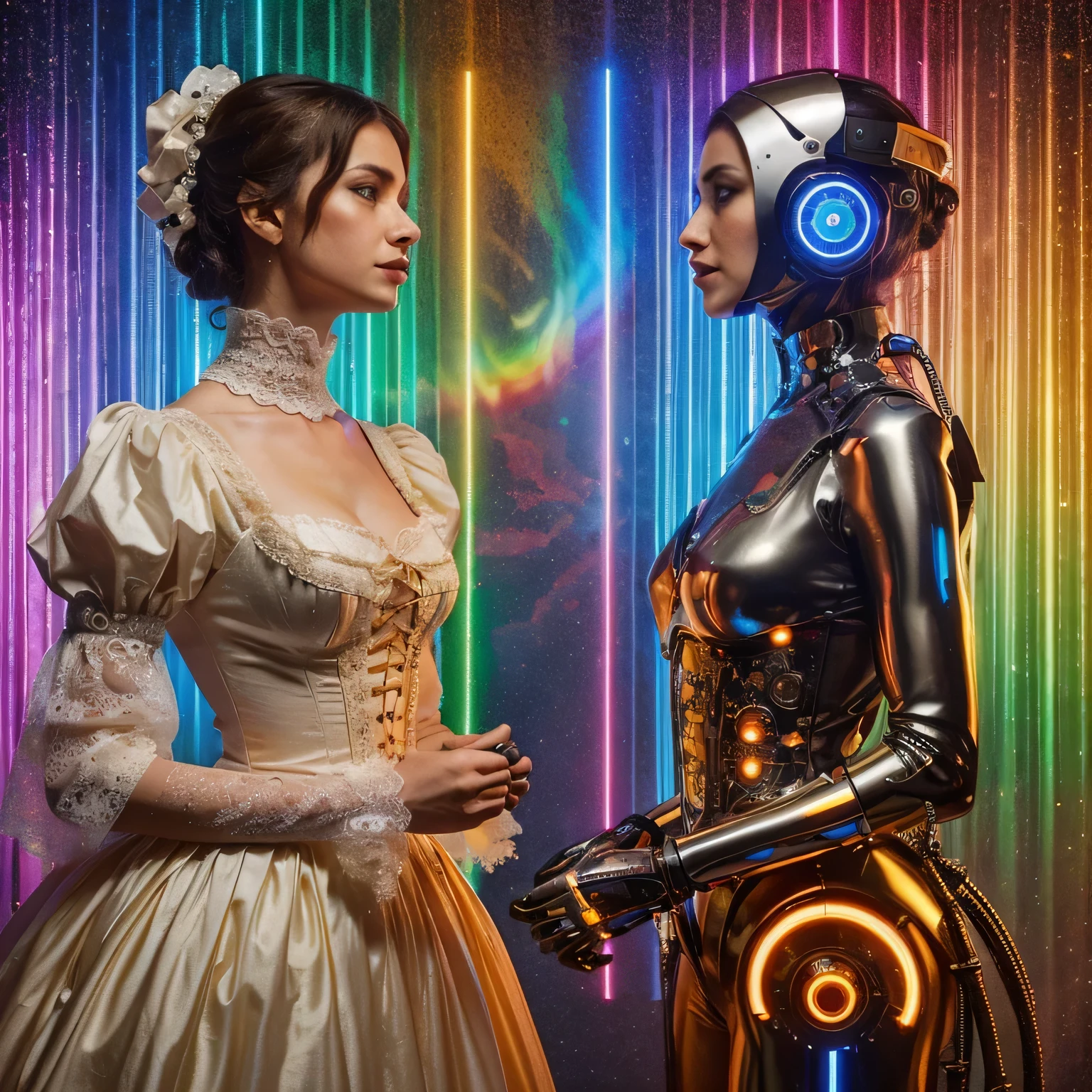 Editorial photo of one woman in Regency fashion, facing another woman in a futuristic sci-fi high-tech outfit, against a rainbow background of wavelengths and shimmers. They are not touching. They look surprised to see one another.