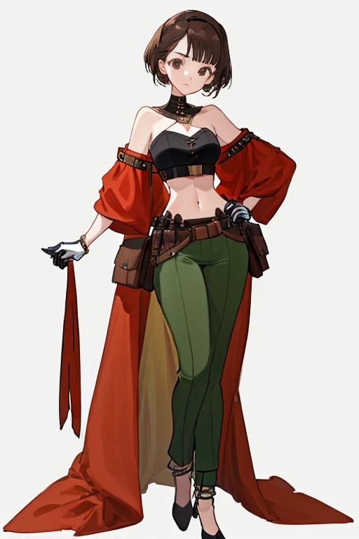 ((Plain background 1:2)) (Cammy White Street Fighter white silver short bob haircut) Female full body standing straight symmetrical looking to the viewer RED full body armored (handcuffs, shackles, rerebrace, faulds, poleyn, gauntlets, leather collar choker, gloves, gauntlets, high boots bootstraps, black stockings) 2 crossing big belt under belly button, navel, abs, garter straps belts attaching bra ((hands on hips)) view from below, wide hips - choppy bangs, arched crescent eyebrows, sharp and determined eyes, a delicate oval face, a serious expression, a fantasy-style dark green military coat, draped with a dark red cloak, leather combat boots, silver greaves leggings, this character embodies a finely crafted fantasy style female military officer in anime style, exquisite and mature manga art style, pale skin, big breast knockers cleavage,
