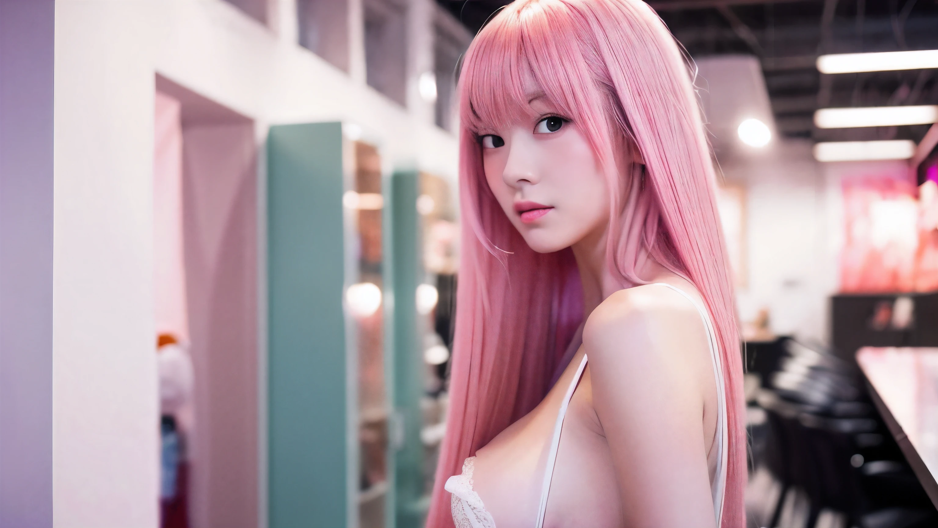 Pink hair, long hair girl with bangs, white tangtops, huge breast, front, white backround, plain backround, no object backround, indoor, selfie, half body