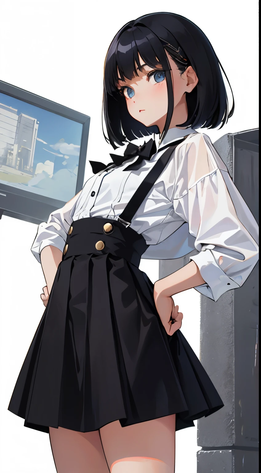 (short cute girl，small young student，young delicate girl）,（masterpiece，Top quality)，mini skirt，lift skirt，black hair，medium bob