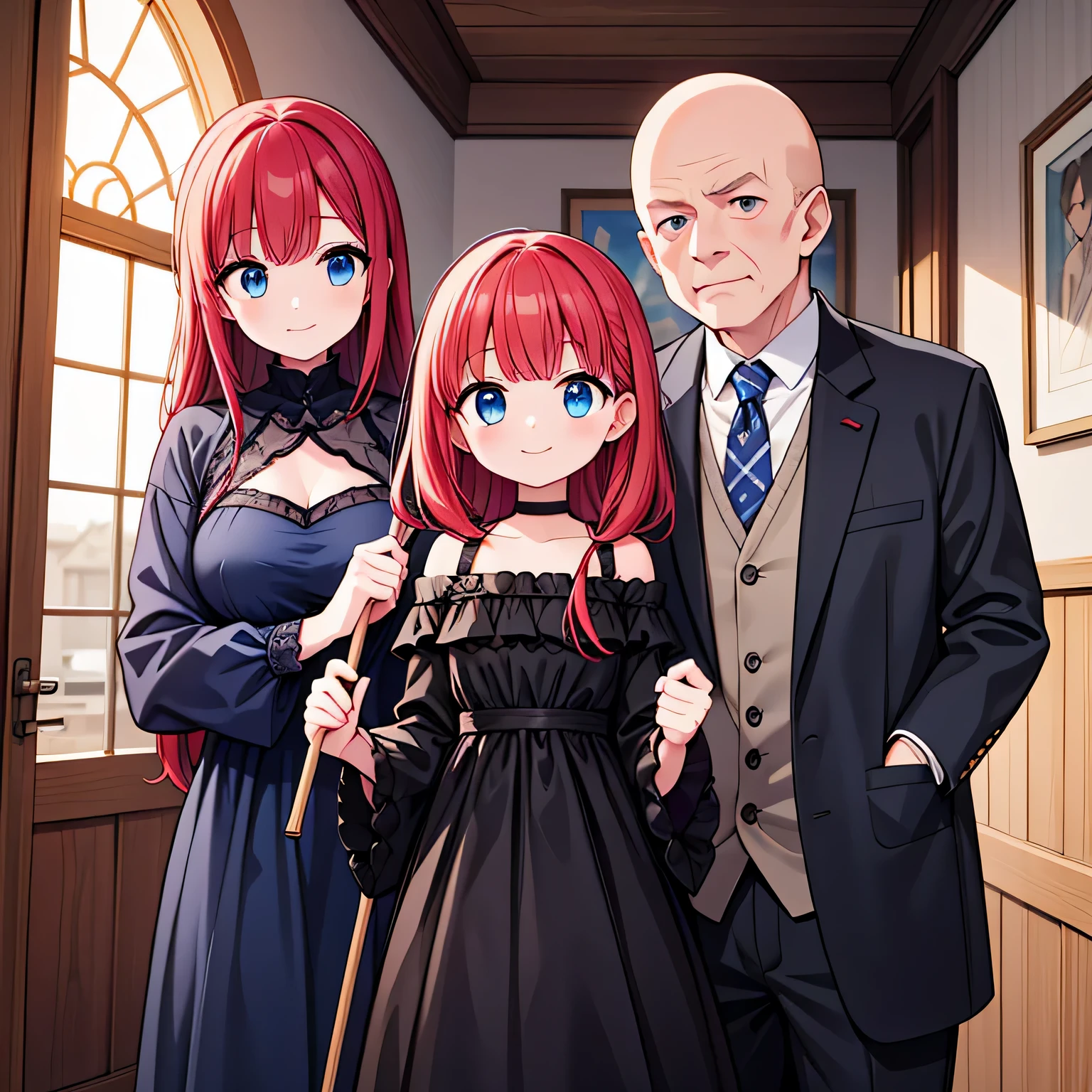 anime, (masterpiece:1.2), village , daylight , a mature girl with long red hair and blue eyes in black dress and her parents are talking with a bald old man that is holding a staff, light smile