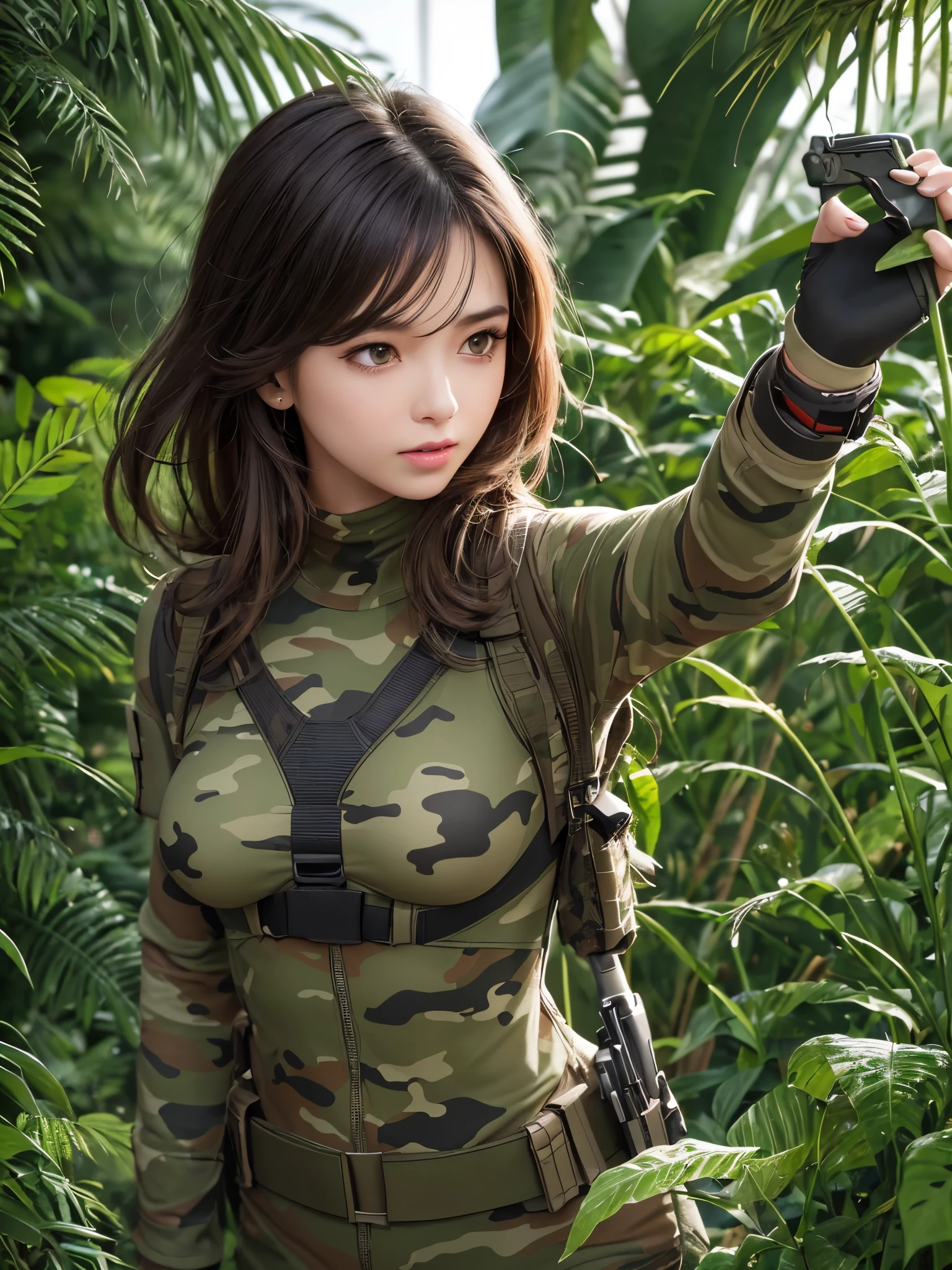 ((highest quality)),(ultra high resolution),(Super detailed),(detailed description),((best CG)),(best work of art),super precision art,great drawing art,(Art with precise details:1.5), (one female commando:1.5),beautiful and well-shaped face:1.5,(camouflage combat suit:1.4),(protector:1.6), In combat:1.6,dynamic pose:1.6,(jungle:1.6)