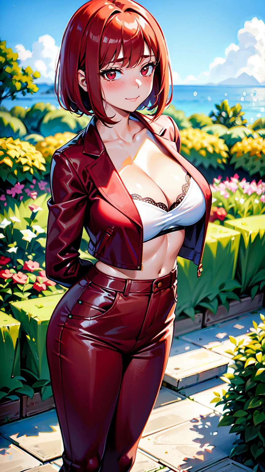 Masterpiece, stunning realistic, best quality, Sharpness, 1 girl, big ,red hair,straight hair,bobcut,red eyes,standing in a beatiful garden with an sea,big ,blush in face,red face, cute smile,closed mouth,arms behind back,open college jacket,cute bra,cargopants