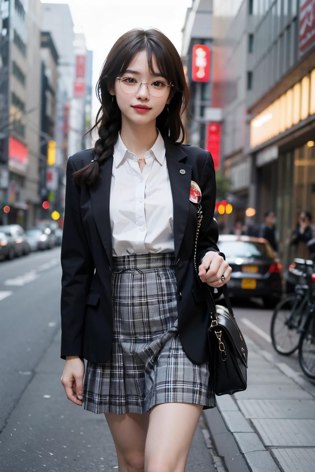 1girl, bag, black jacket, black legwear, brown hair, building, chain-link fence, city, cityscape, day, fence, jacket, loafers, long hair, looking at viewer, outdoors, photo background, plaid, plaid skirt, pleated skirt, railing, real world location, road, scenery, school uniform, shoes, skirt, skyscraper, socks, solo, stairs, standing, street, tokyo \(city\), tree, BREAK
Top quality, one beautiful woman, 20 years old, 35mm lens, f/1, dark brown eyes, glasses, braids, black hair, pale skin, medium chest, slendar body , smile