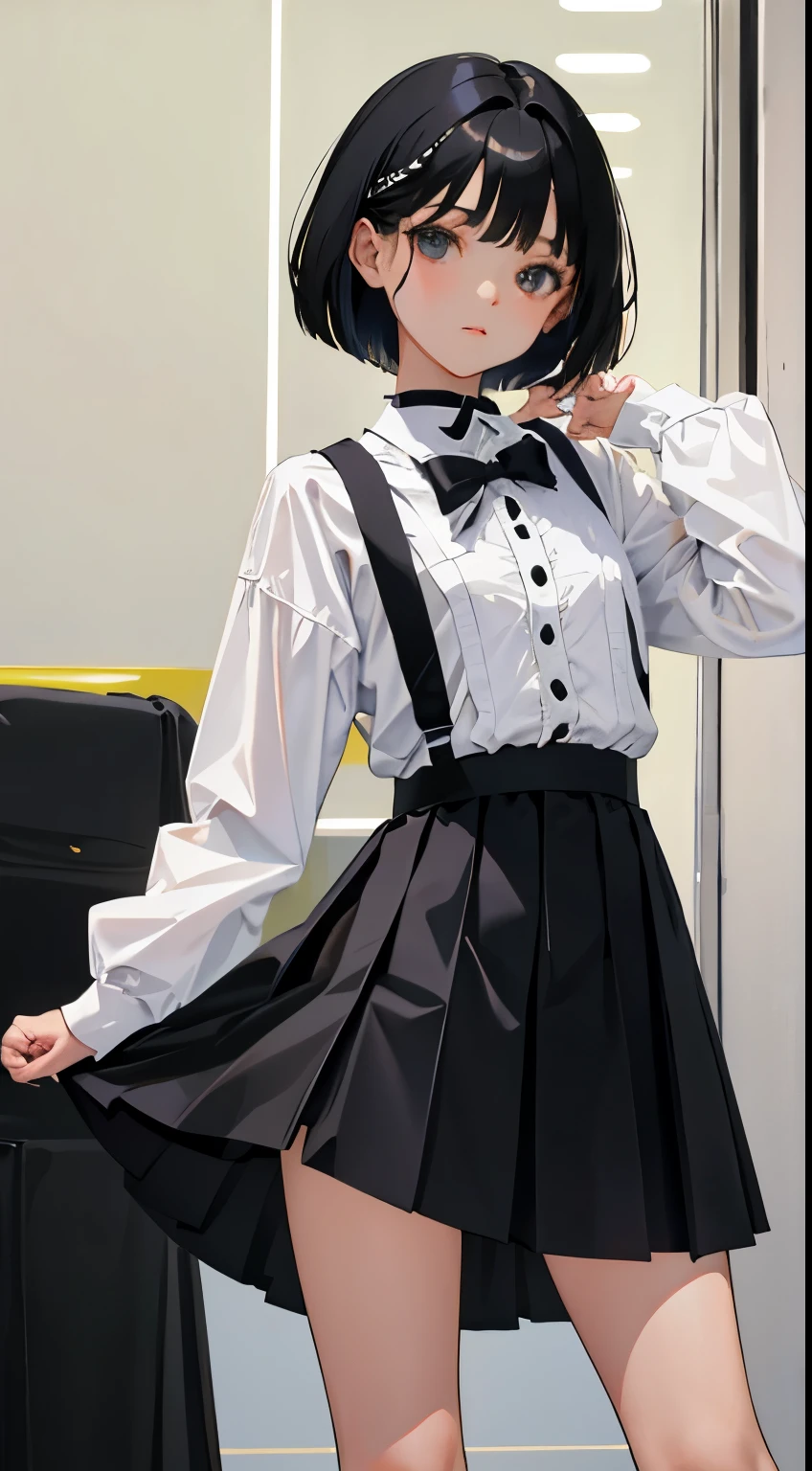 (short cute girl,small young student,young delicate girl),(masterpiece,Top quality),plaid mini skirt,lift skirt,black hair,medium bob,knee high