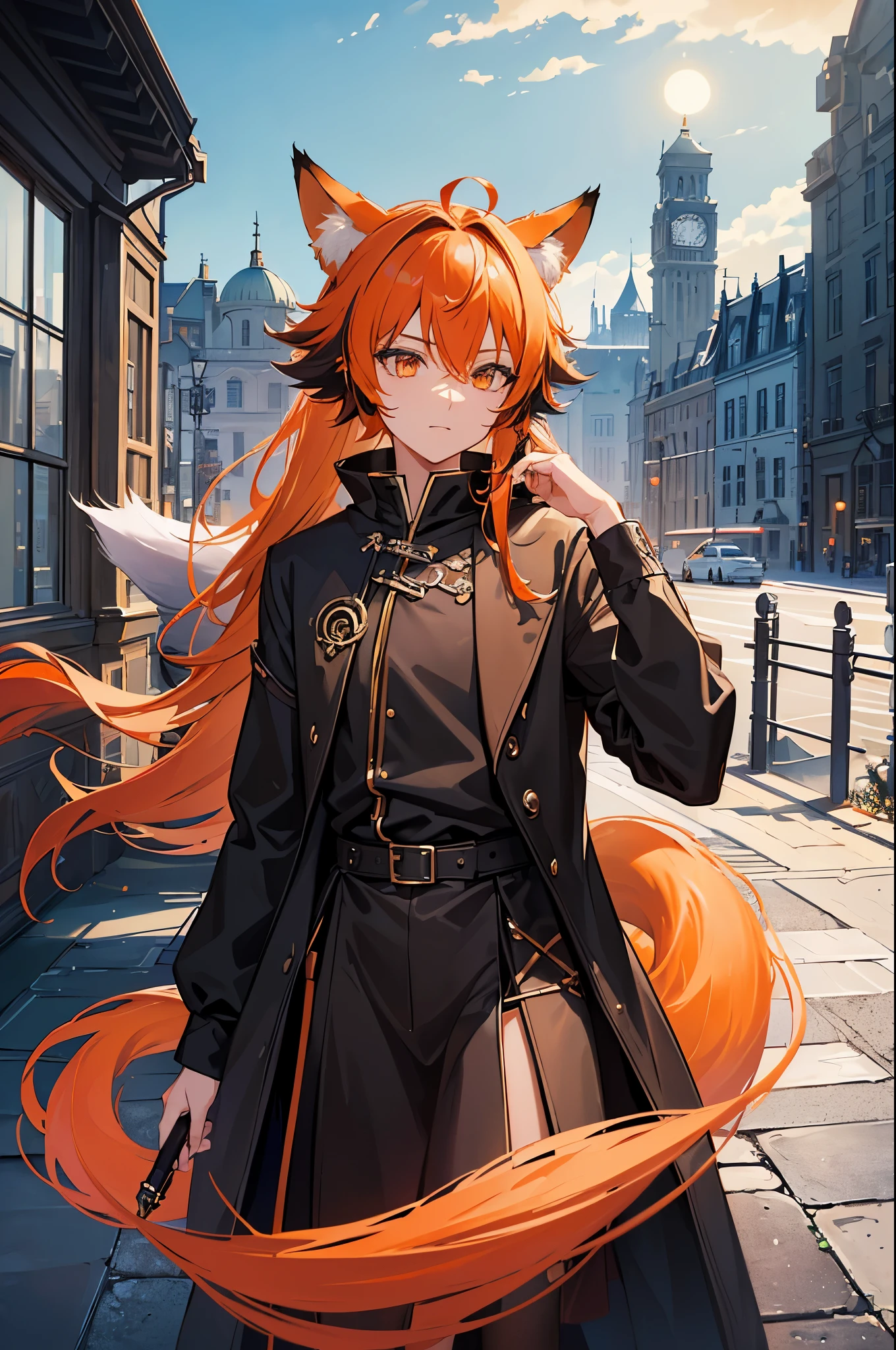 masterpiece, best quality, ((1boy)), (colorful), (finely detailed beautiful eyes and detailed face),cinematic lighting,body shot,extremely detailed CG unity 8k wallpaper, sky, cloudy_sky, building, moonlight, moon, night, (dark theme:1.3), light, fantasy, ((Pastel Orange Eyes)) (((Black Overcloak))) (((Orange with black highlights Hair))) ((Mischievous)) ((Short Hair)) ((Charismatic)) ((Hunter x Hunter)) ((Fox Ears)) ((Fox Tail))